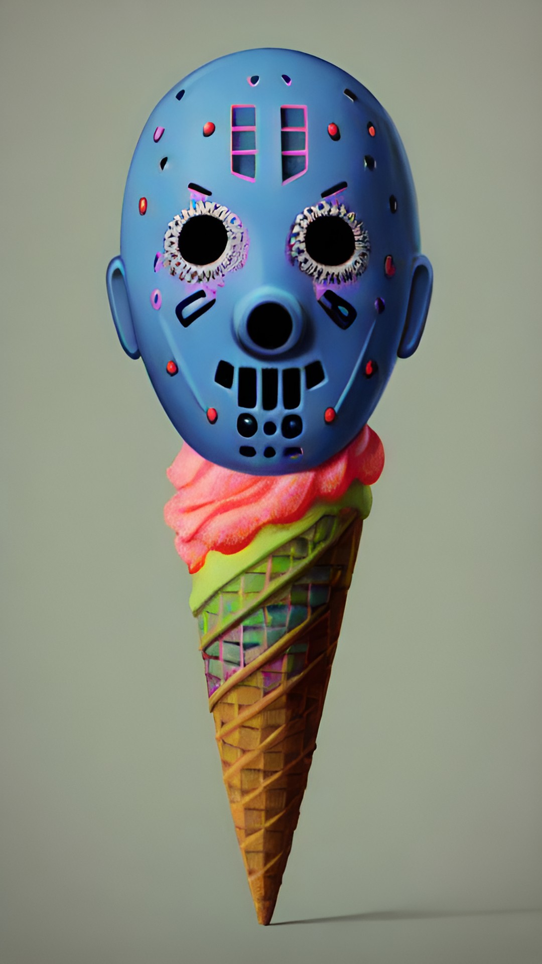 EdibleMrVoorhees - whimsical, hyper realism, intricately detailed,bold pastel colors, odd, eerie, strange, jason voorhees is eating a realistic icecream on a cone preview