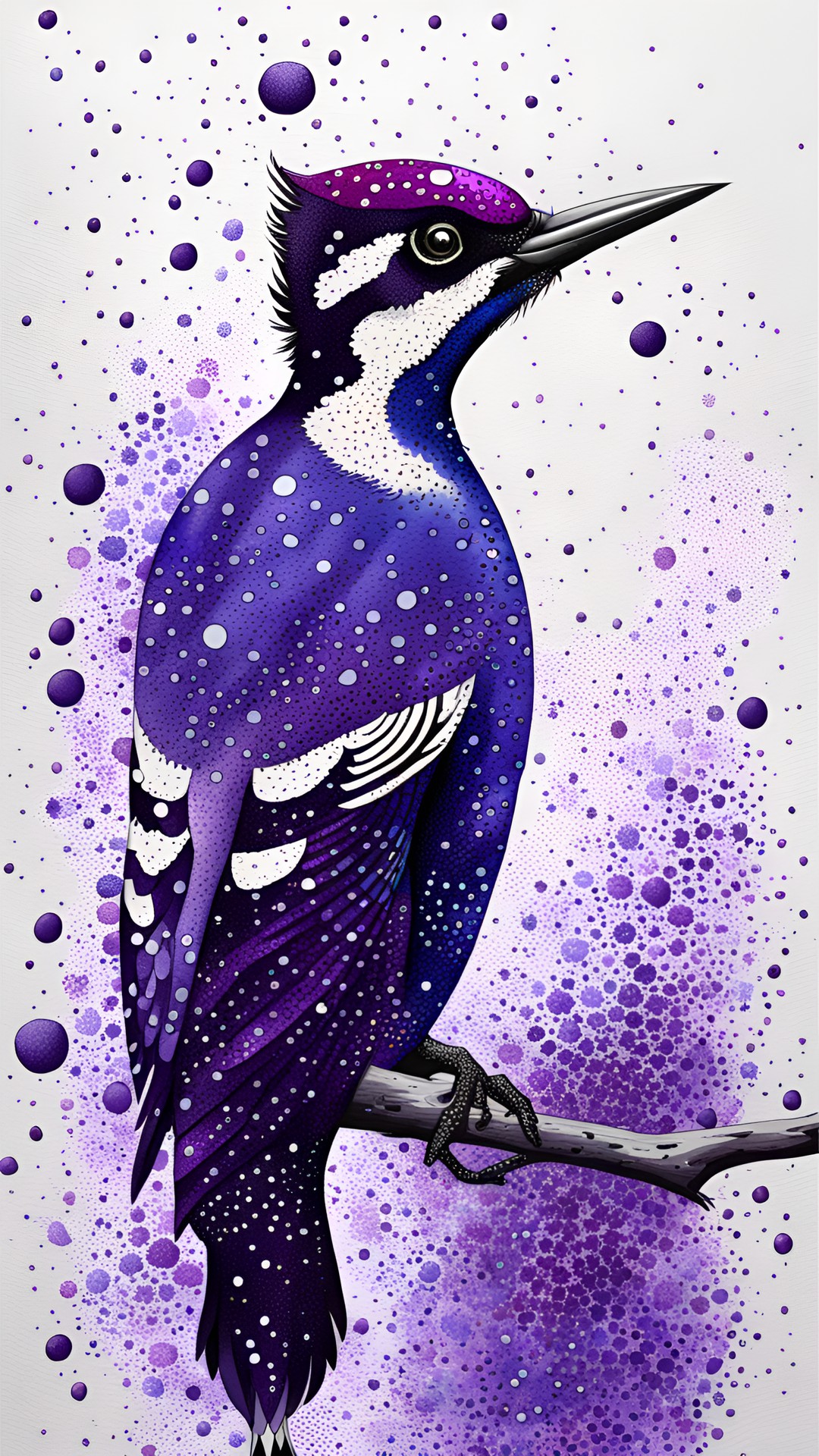 Pointilistic Bird - pointillism woodpecker violet splatters preview