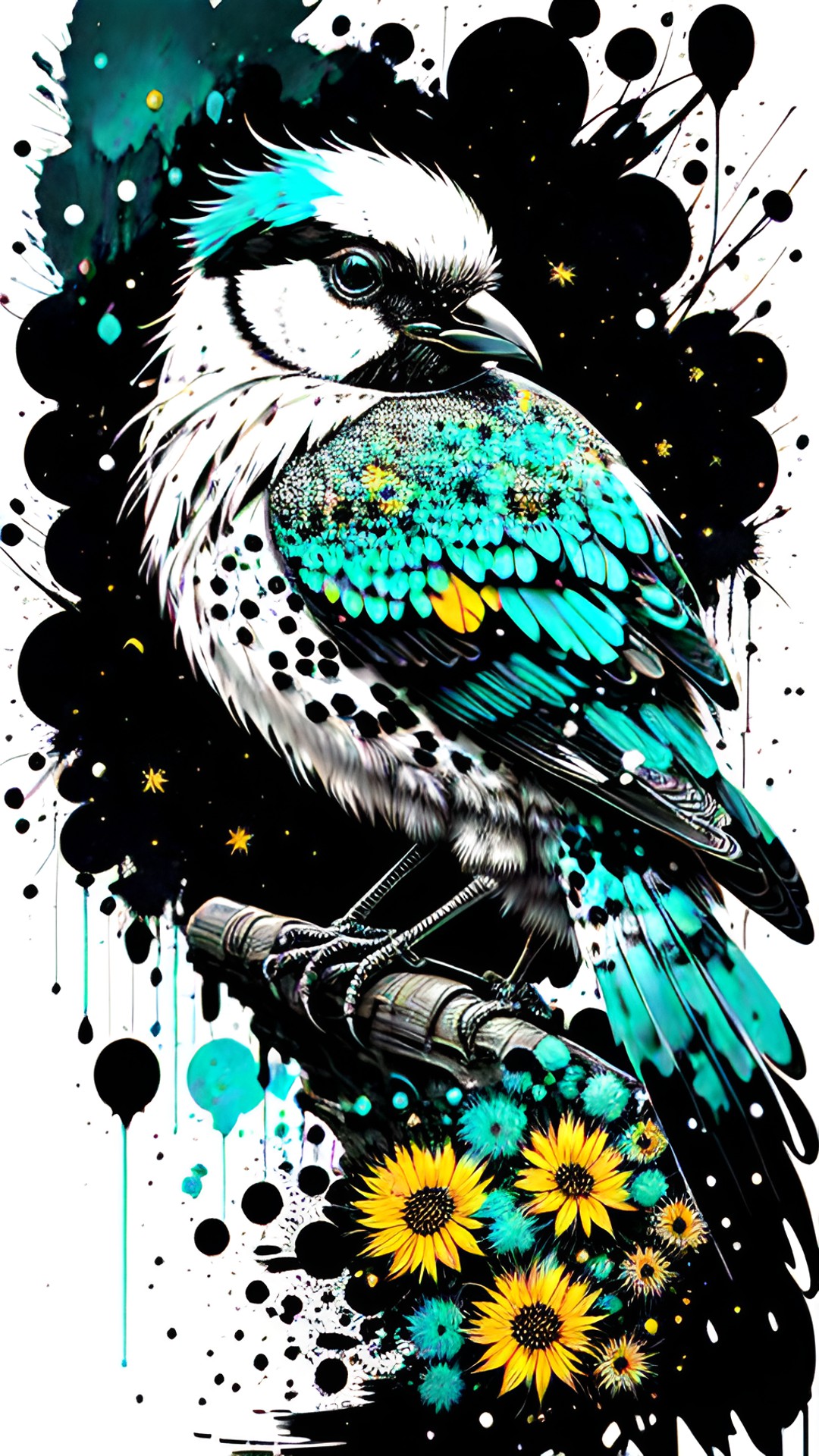 Birdie - pointilistic bird splash of turquoise and sunflower preview