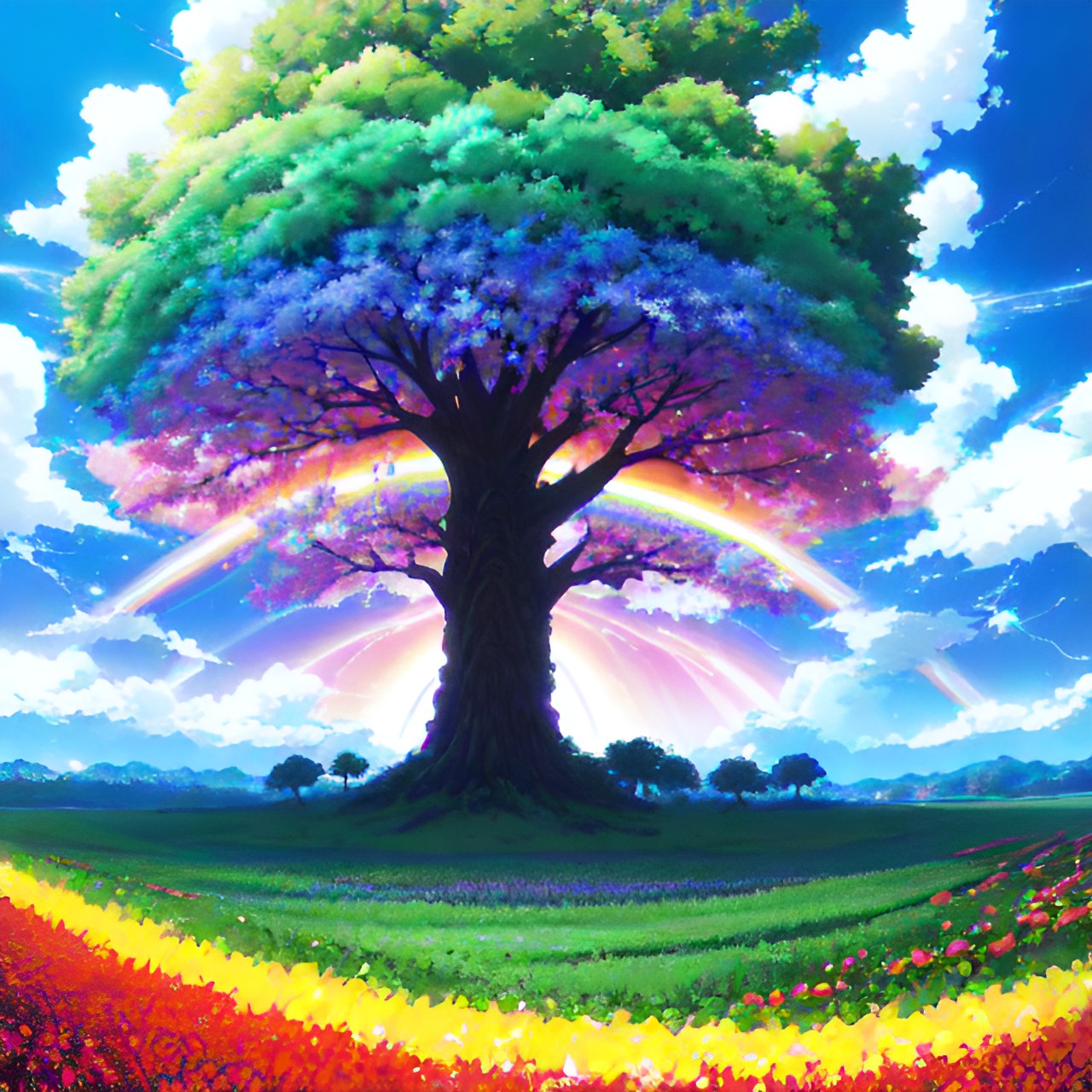 Rainbow Tree - highly detailed  mosaic of a tree,  fruits rainbow lightning preview