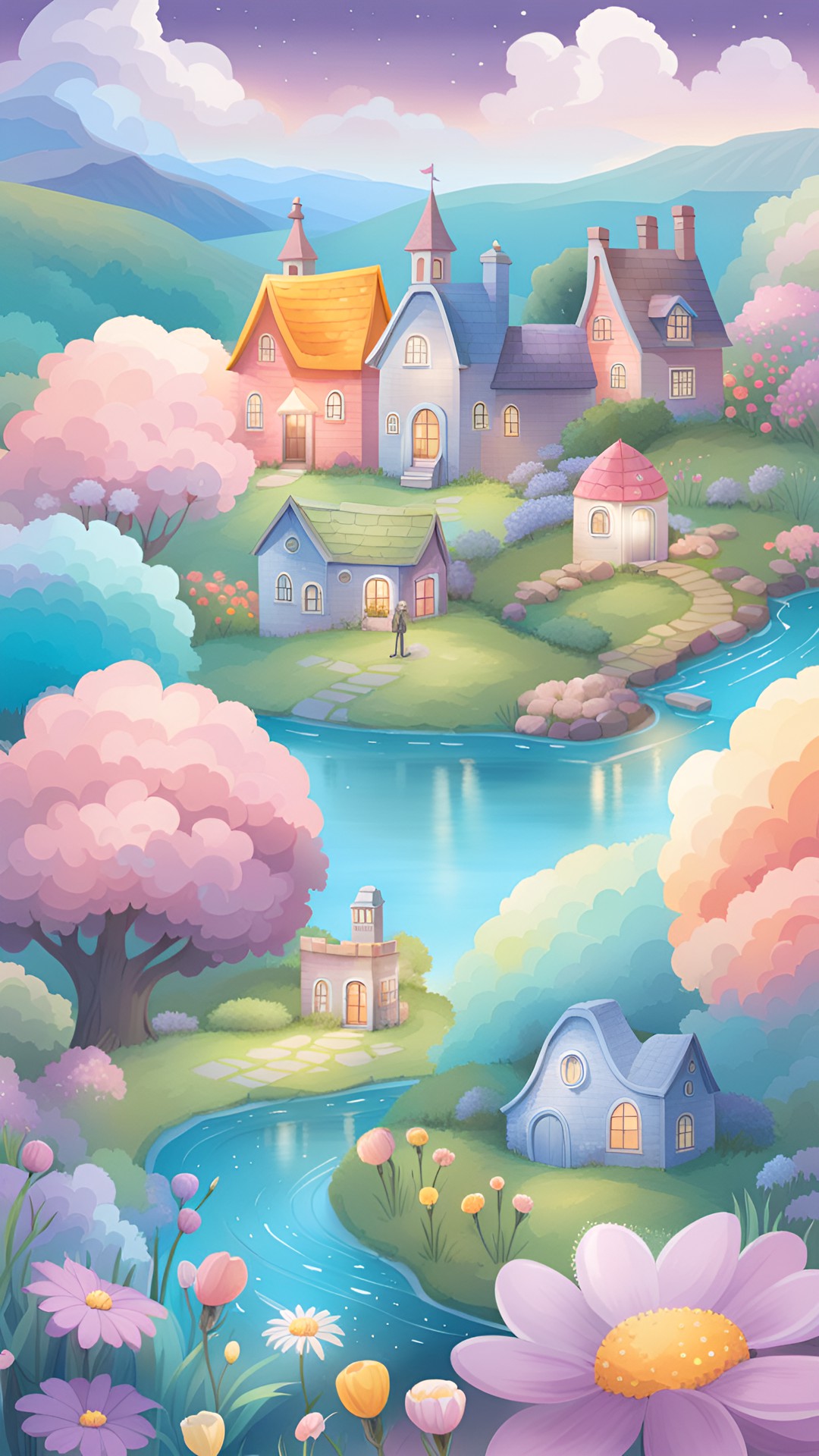 Plagiarism not - create an enchanting dreamscape. magical meadows, luminous lakes, celestial skies, flora, add cute pretty houses and townscapes but everything is pastel preview