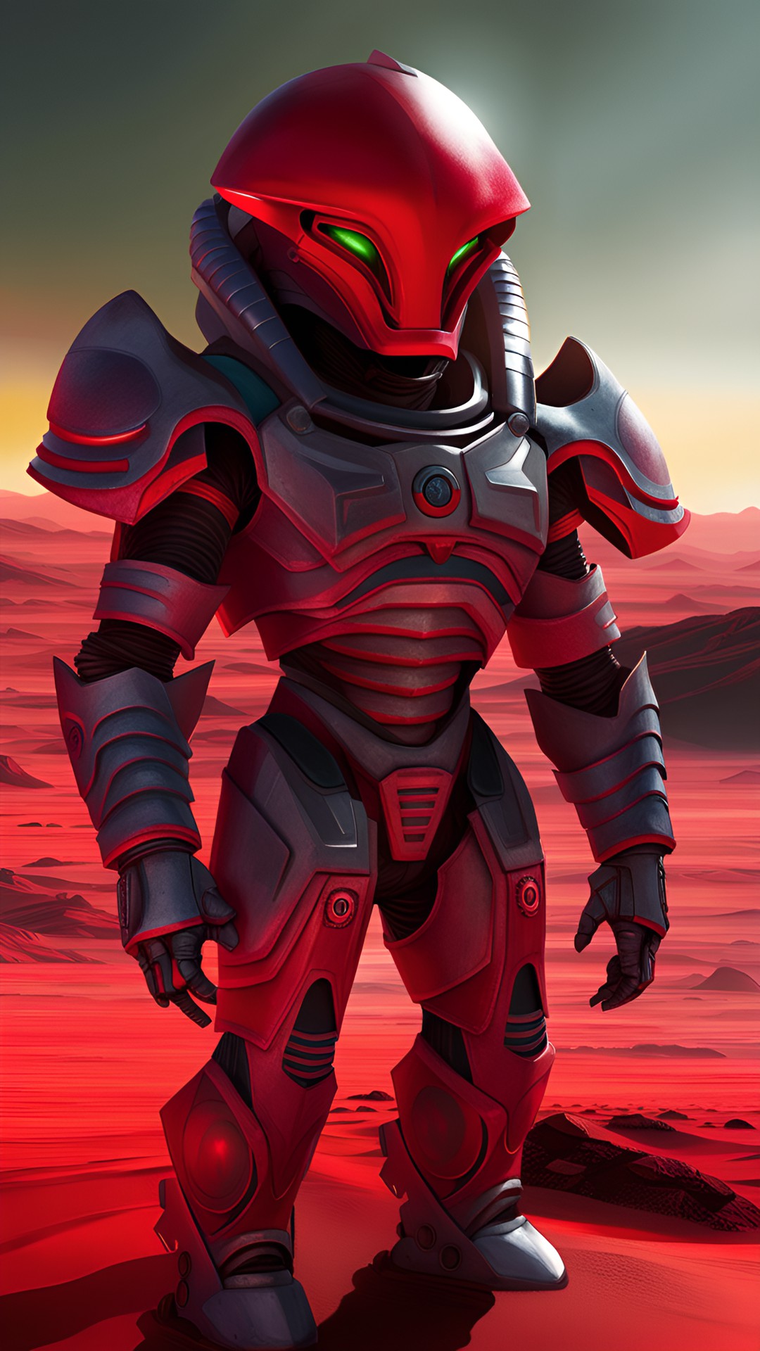 The Martian - alien power armor - an alien in power armor, standing on a barren planet. the sky is red, and there is a large sun in the distance. the alien's armor is silver, and it has a strange helmet with a visor preview