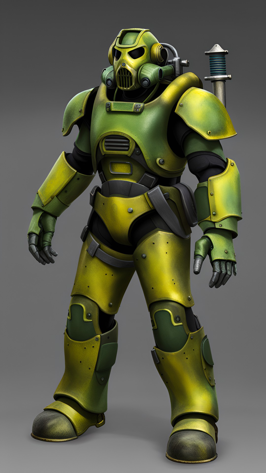 New-age armor - toxic power armor - a suit of power armor that has been tainted by toxic chemicals. the suit is covered in a greenish hue, and the helmet has a visor that is tinted a sickly yellow. preview