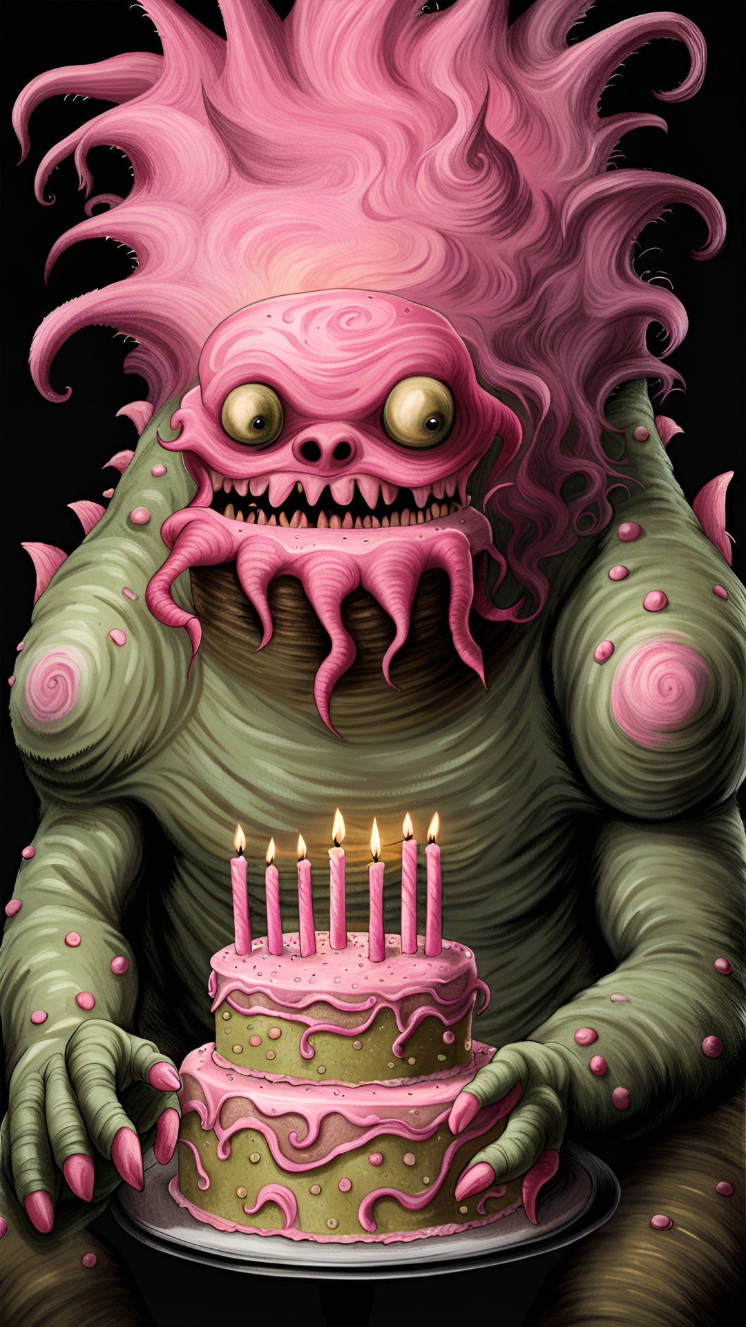 Doobie - whimsical, ultra realistic, intricately detailed, eerie, odd, strange, swamp monster holding a detailed, realistic pink birthday cake preview