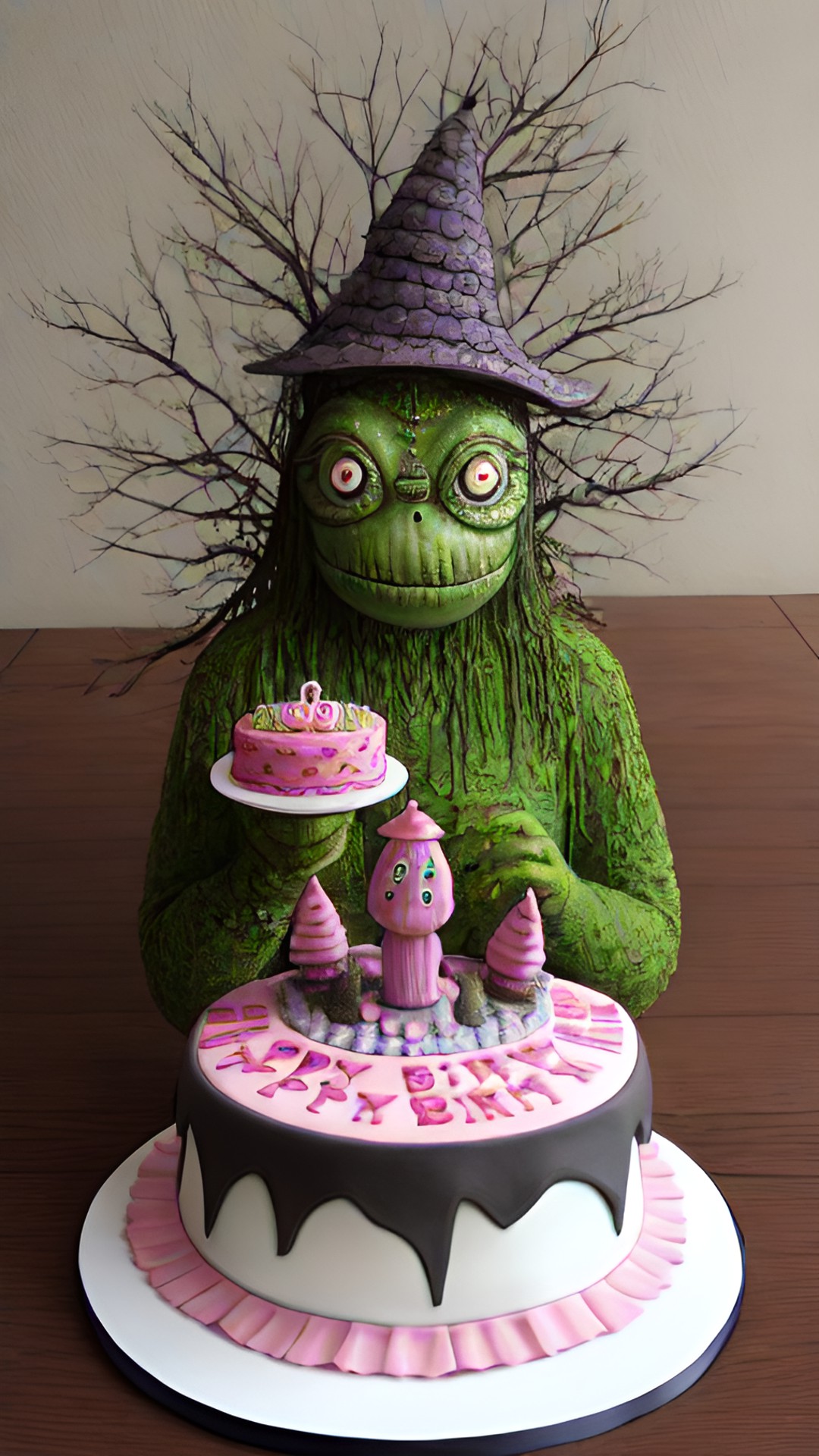 Bud - whimsical, ultra realistic, intricately detailed, eerie, odd, strange, swamp monster holding a detailed, realistic pink birthday cake preview