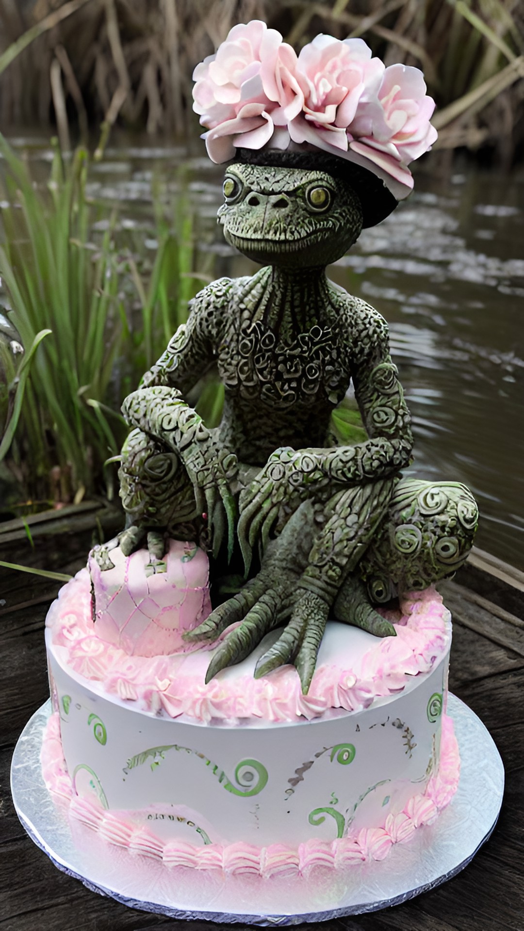 FrogLegs - whimsical, ultra realistic, intricately detailed, eerie, odd, strange, swamp monster holding a detailed, realistic pink birthday cake preview