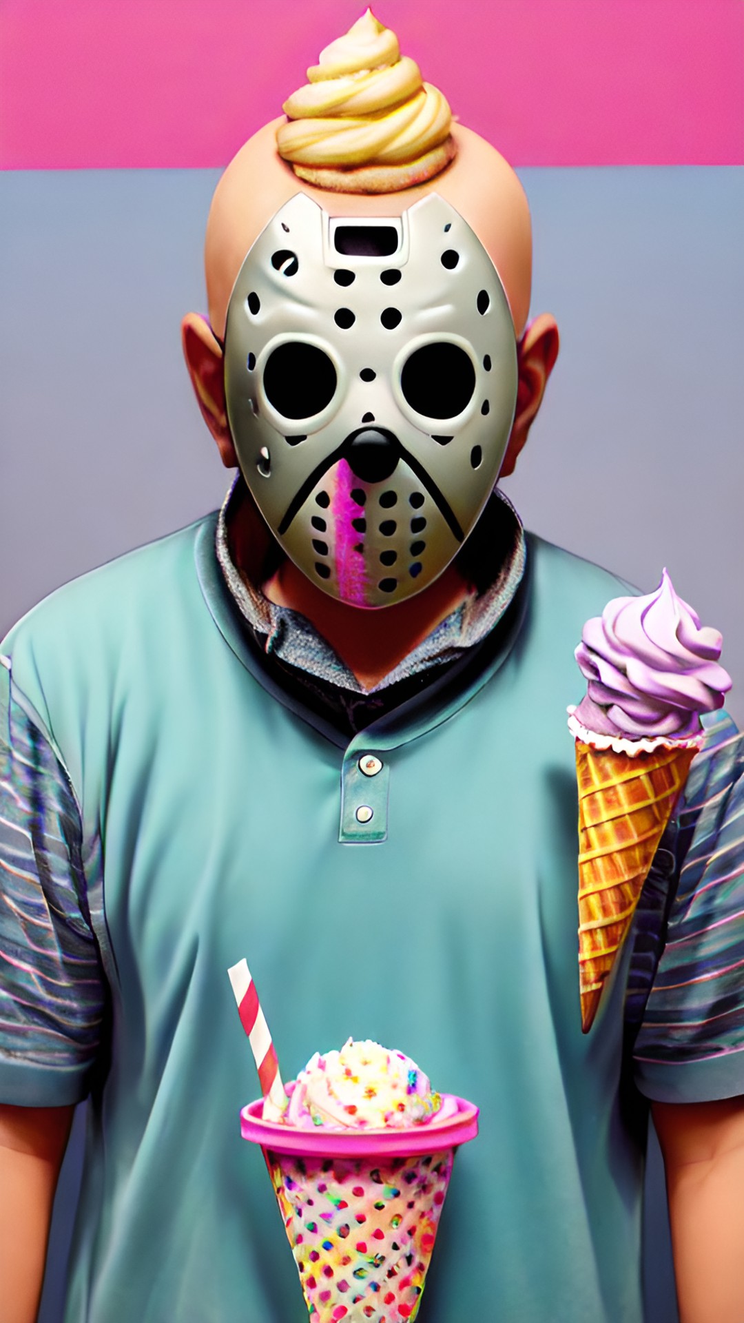 killEmWithKindness - whimsical, hyper realism, intricately detailed,bold pastel colors, odd, eerie, strange, jason voorhees is eating a realistic icecream on a cone preview