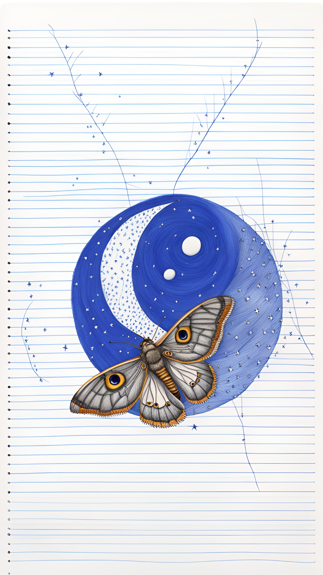 a moth and the moon, blue ballpoint pen on wide-eyed loose leaf notebook paper preview