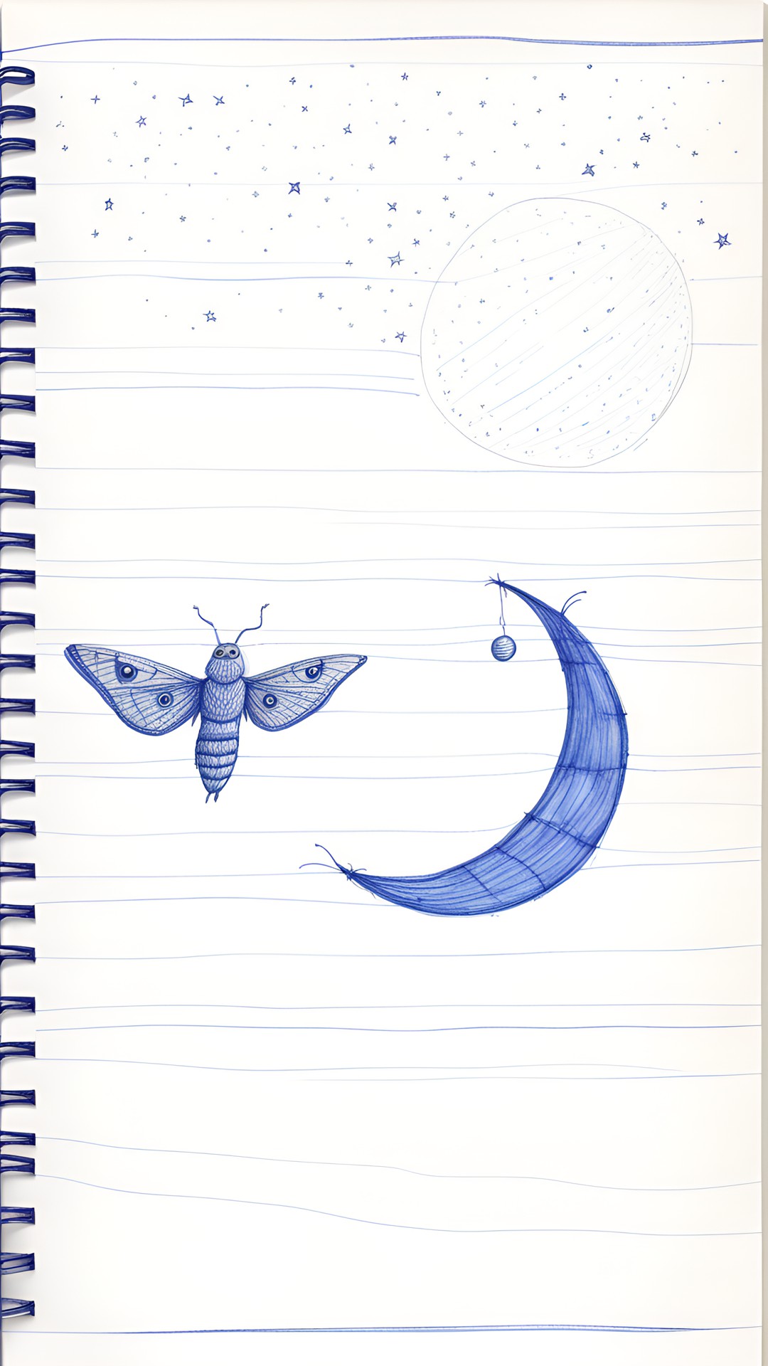 a child's drawing of a moth and the moon in blue ballpoint pen drawing on wide-ruled loose leaf notebook paper, rough sketch preview