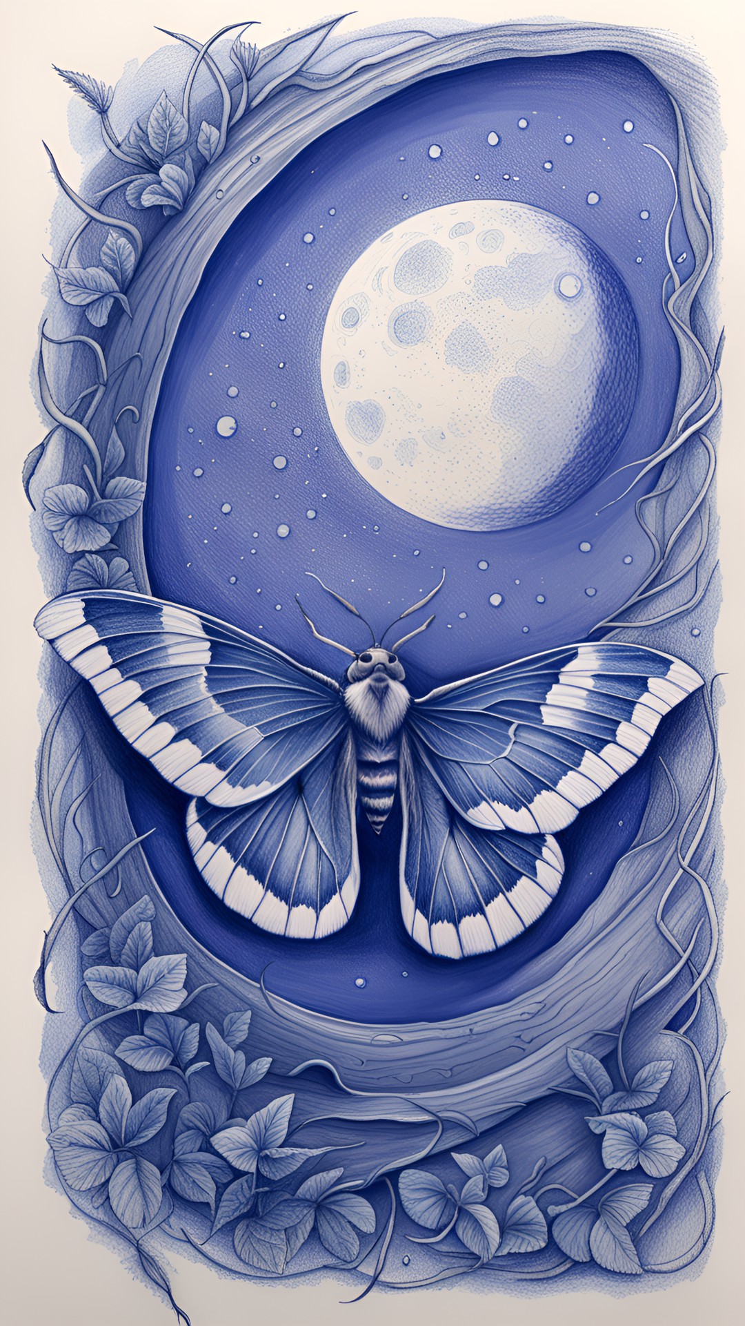 a moth and the moon in blue ballpoint pen preview