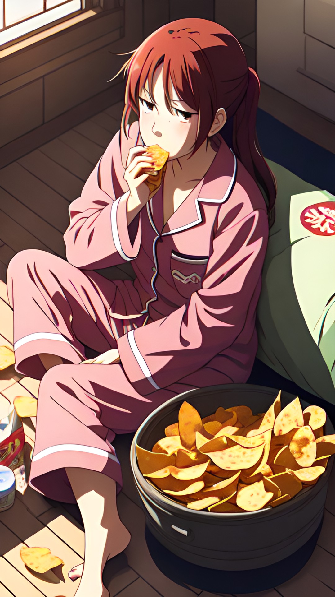 a tired, frustrated woman wearing pajamas and eating potato chips as her emotional support snack preview