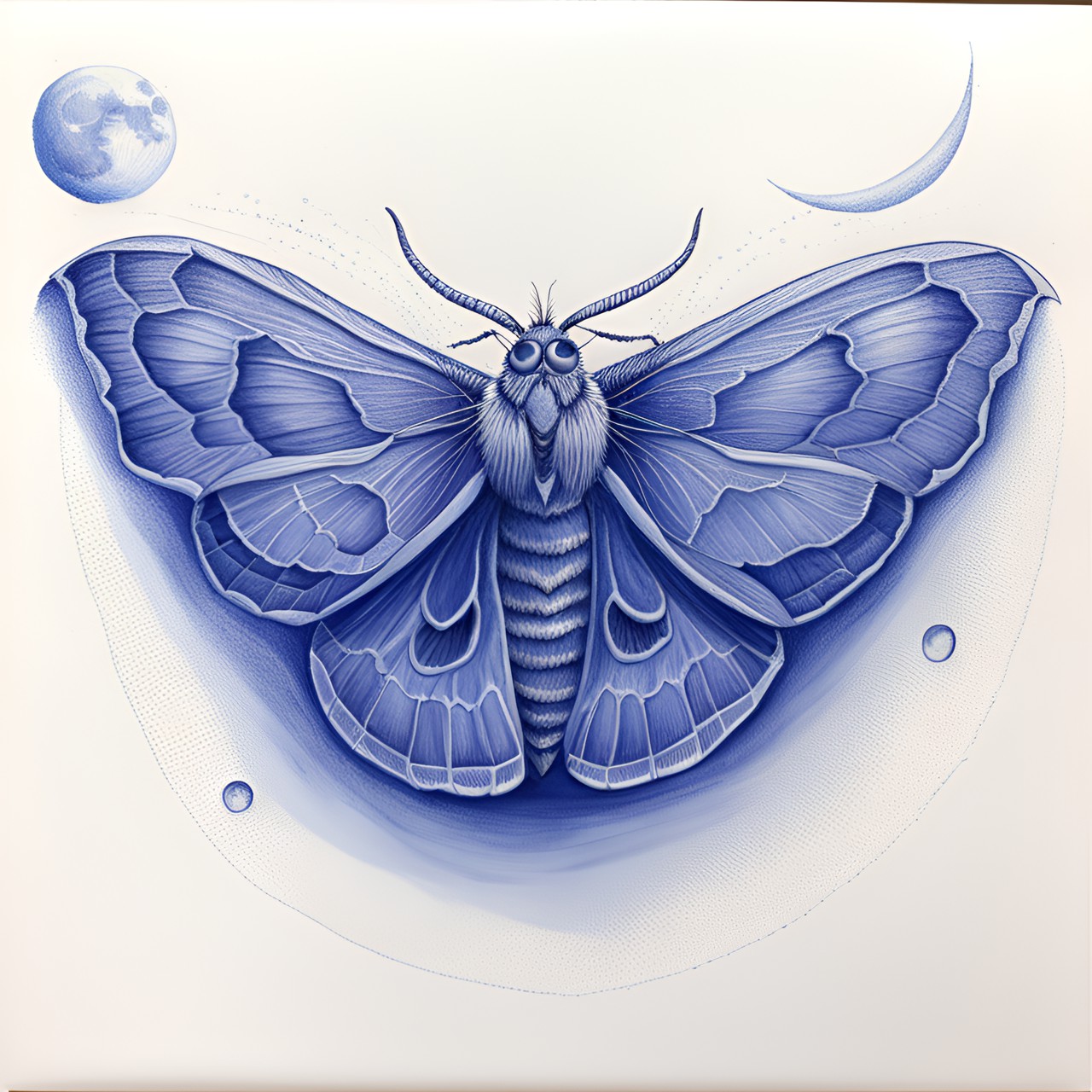 a moth and the moon in blue ballpoint pen preview