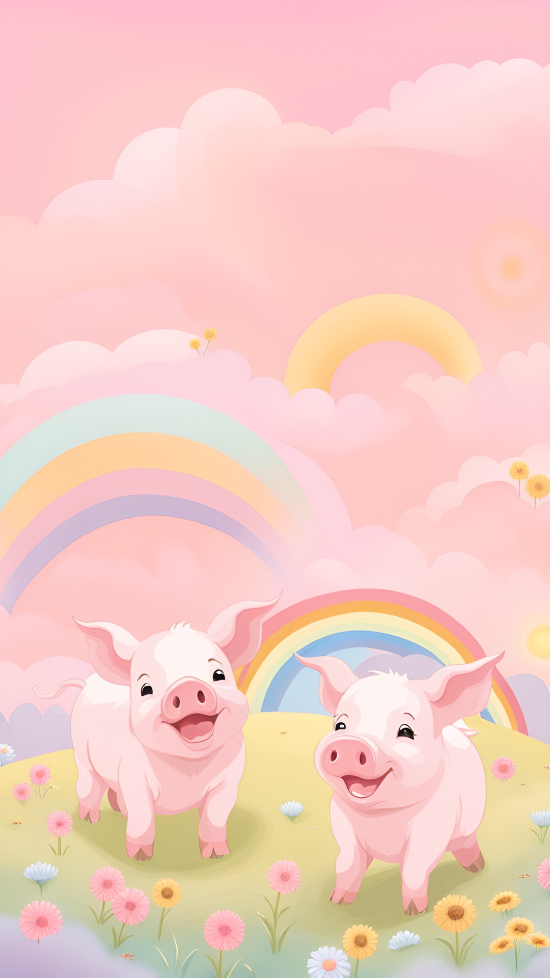 pretty pale pink piglets playing in a rainbow field preview