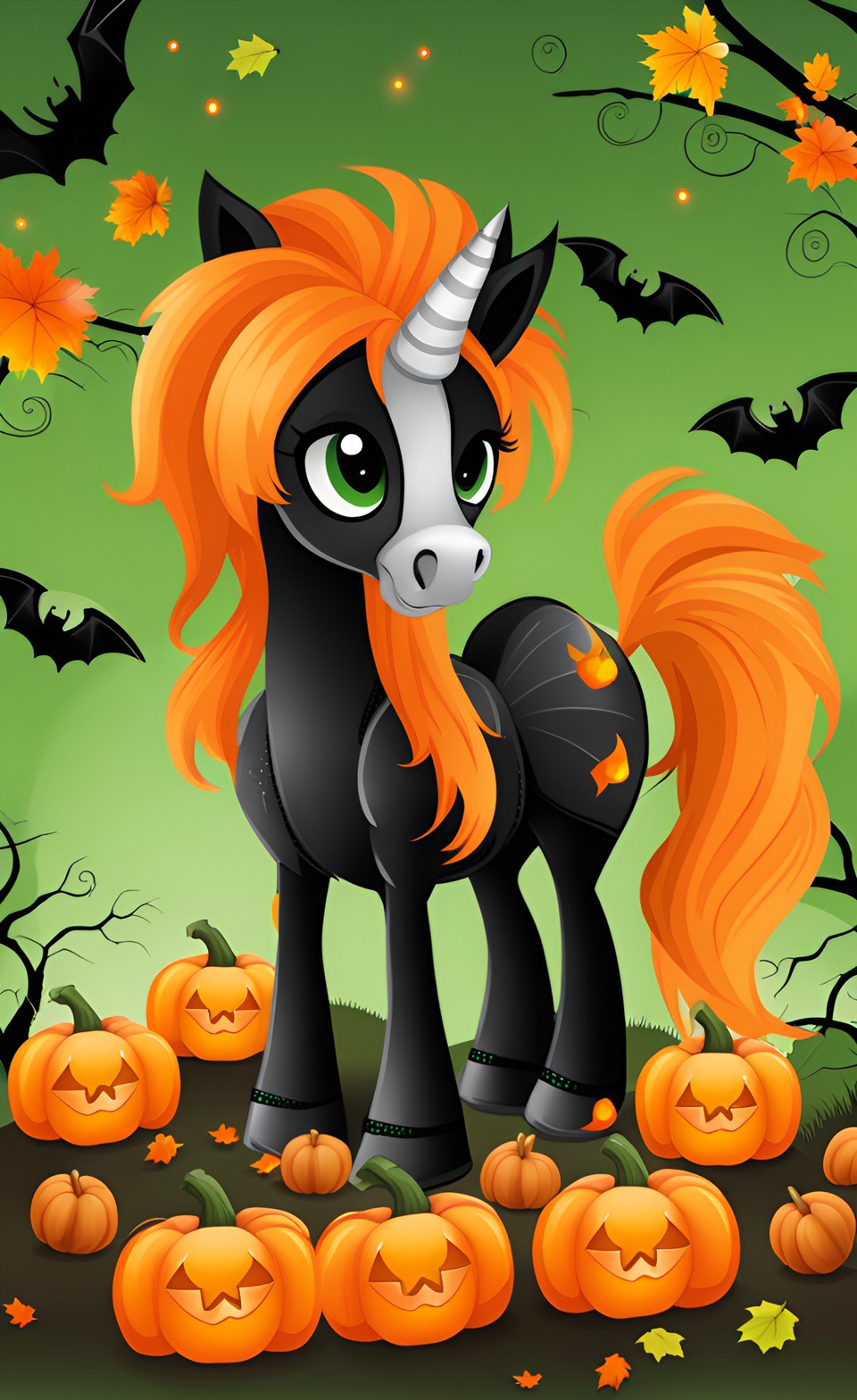 halloween pony, cute orange black green with pumpkins bat and full moon preview