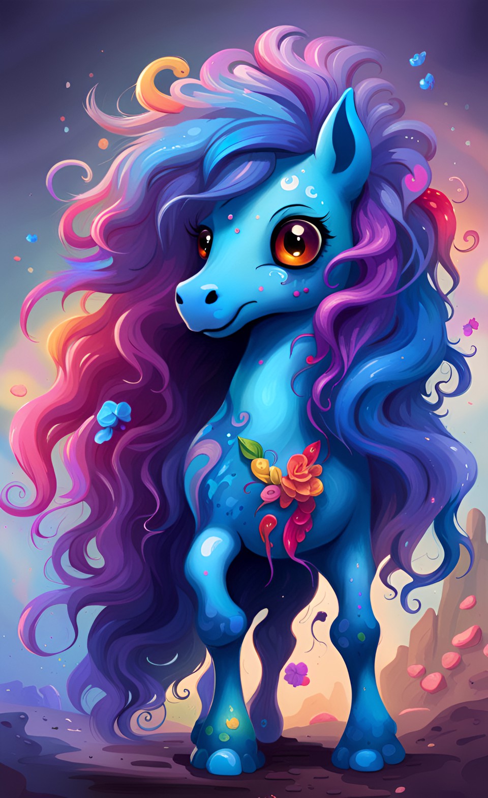 cute blue pony with long curly hair covered in cute colorful tattoos preview