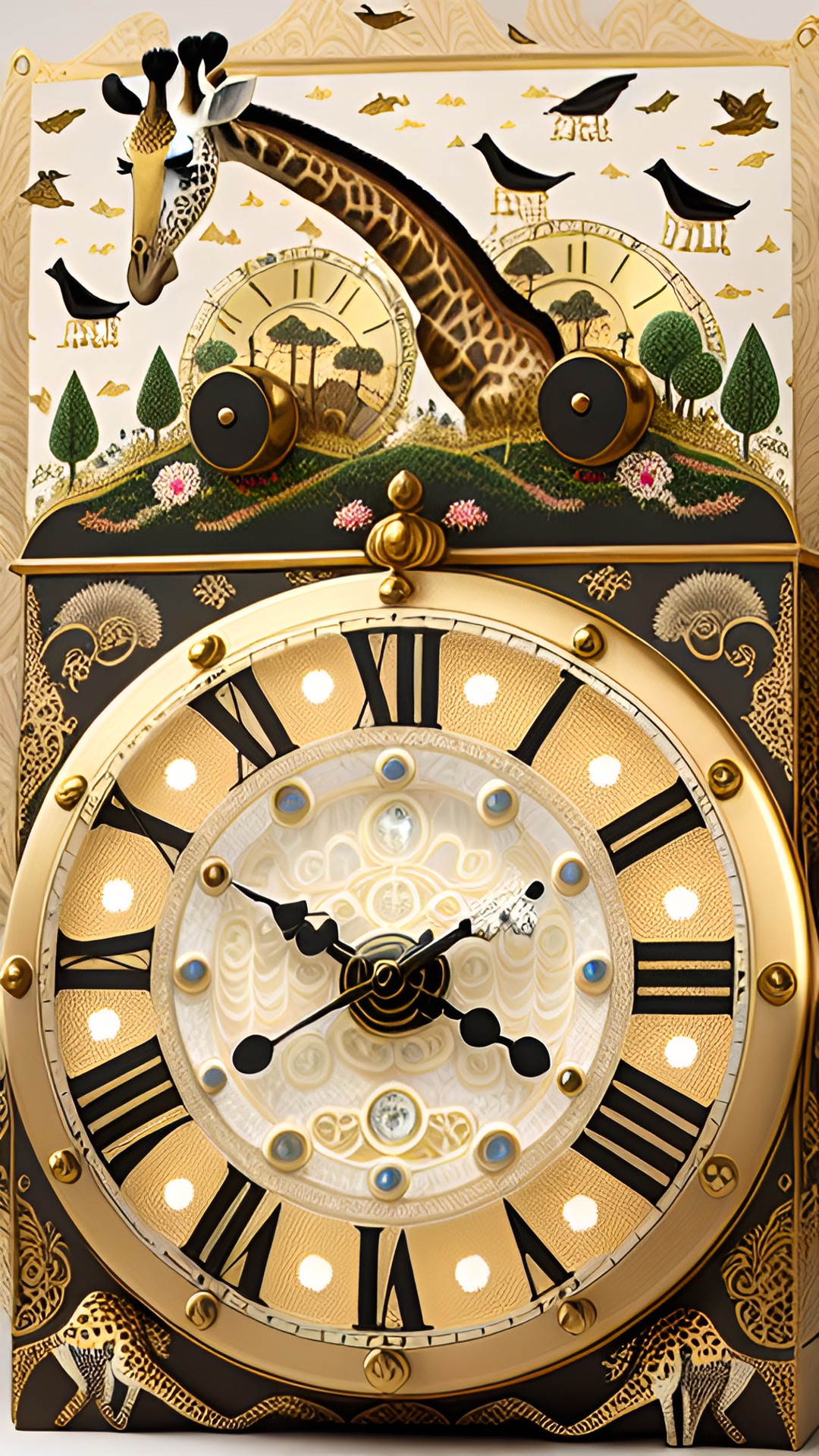 giraffes, the latest craze from paris, black forest lacquer plate clock, 8-day movement, half-hour chime on bell, joseph hummel, preview