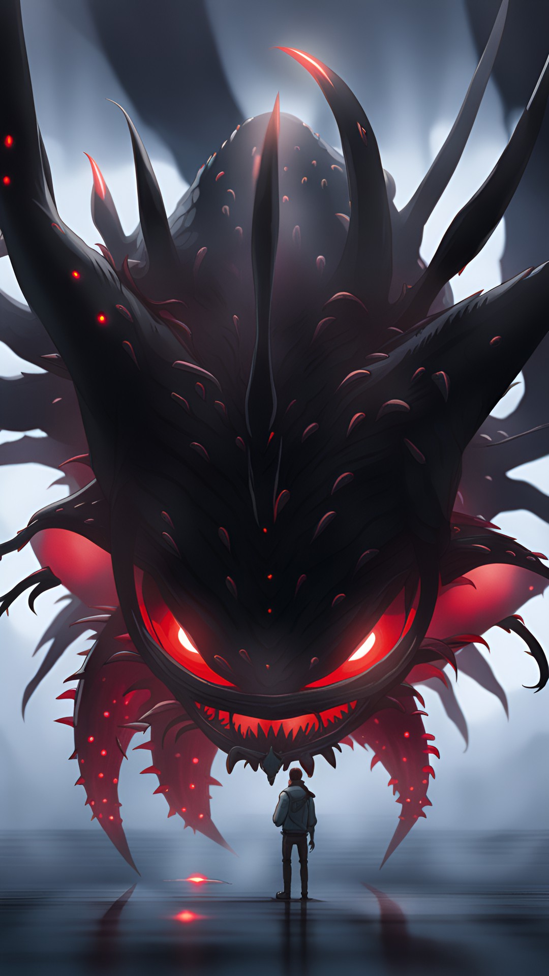 giant flying black evil krill, glowing red eye, spiky preview