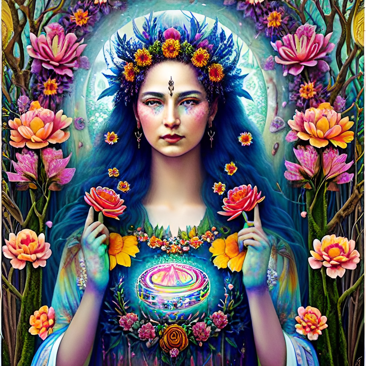 forest goddess rainbow flowers full moon preview