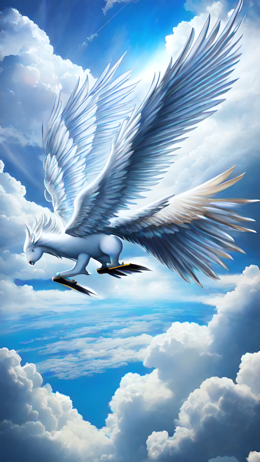 ten-gogogogo-ku skystorm pegasus, angelic pegasus with wings, tail and a mane of clouds soaring in the sky preview