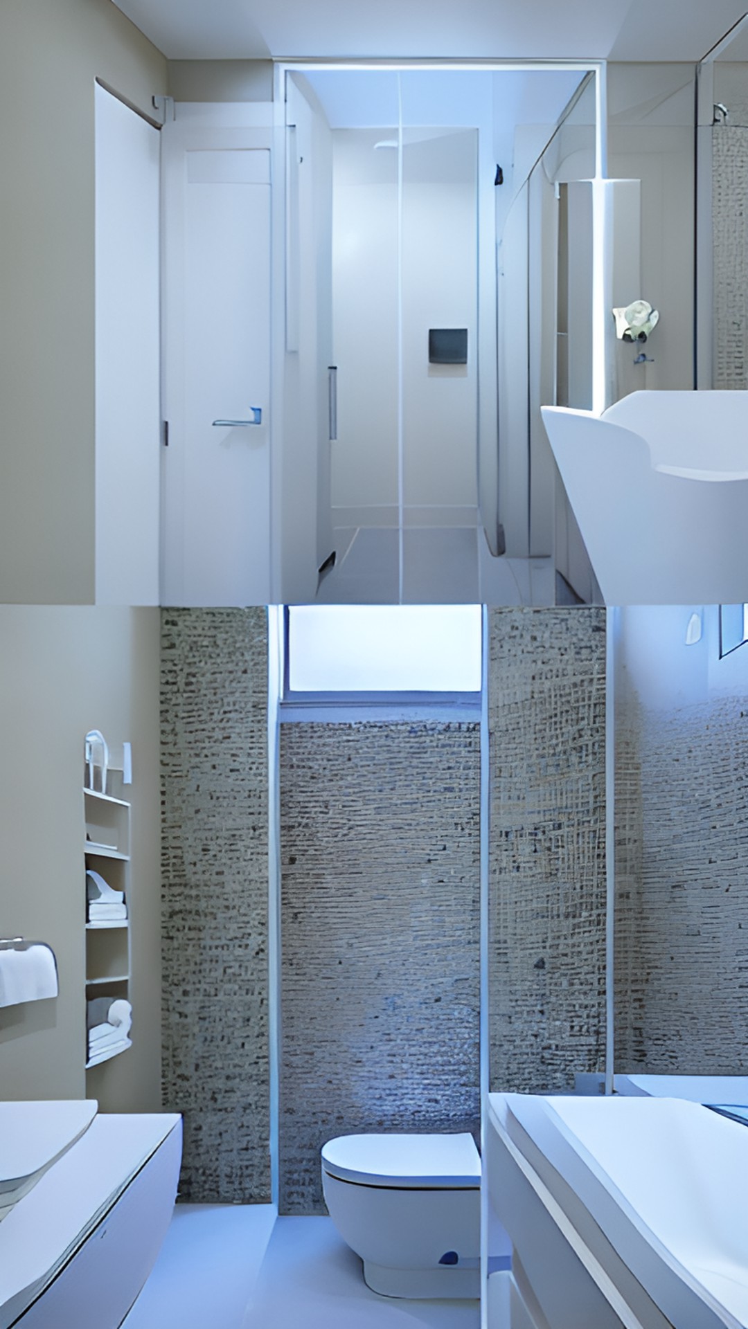 the interior of a bathroom from one point perspective, with a bathtub on the left, a sink on the right, and the door directly in front preview