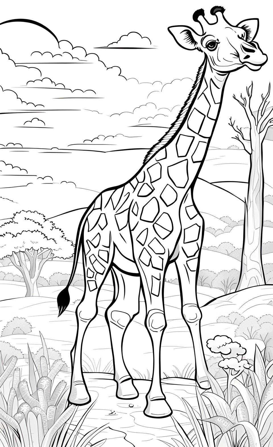 create a cartoon-style coloring page of a giraffe in the african savannah preview