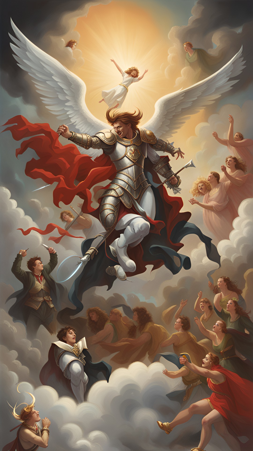 Dawn if the sunshine - a devil and an angel are fighting in the clouds, surrounded by a group of cheering spectators. the angel is wearing shining armor and has a bright halo, while the devil is wearing a dark suit preview