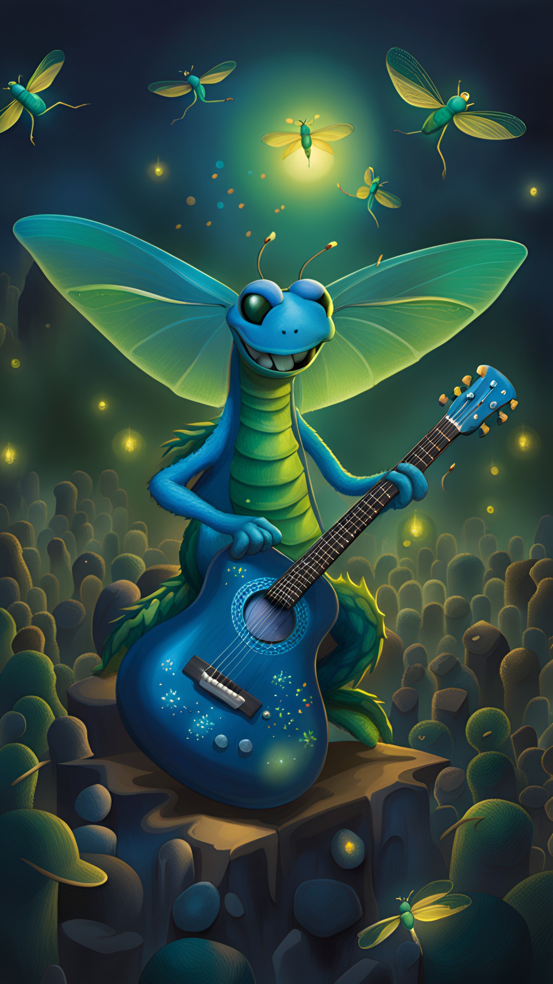 a blue and green dragon fly rocks out on a guitar, surrounded by a crowd of cheering fireflies. preview