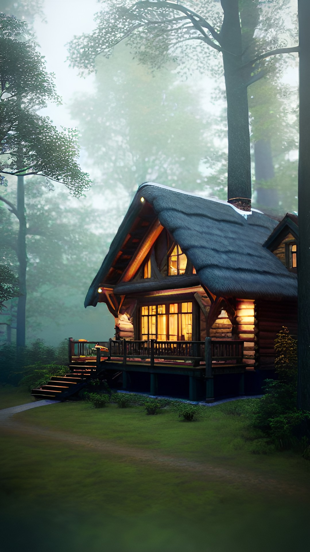 extremely realistic of a wood cottage in the evening in a very foggy forest, hyper-detailed, high definition, high resolution preview