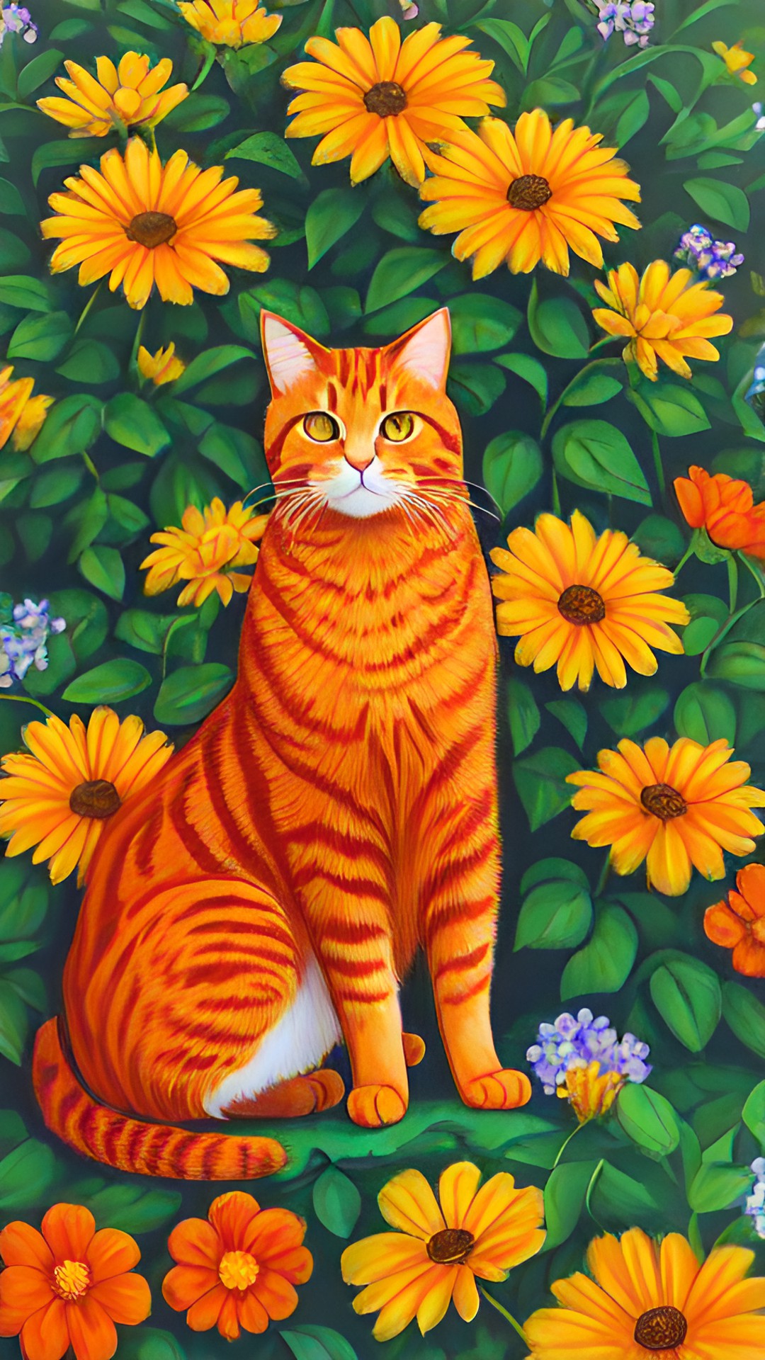 orange cat with yellow flowers preview