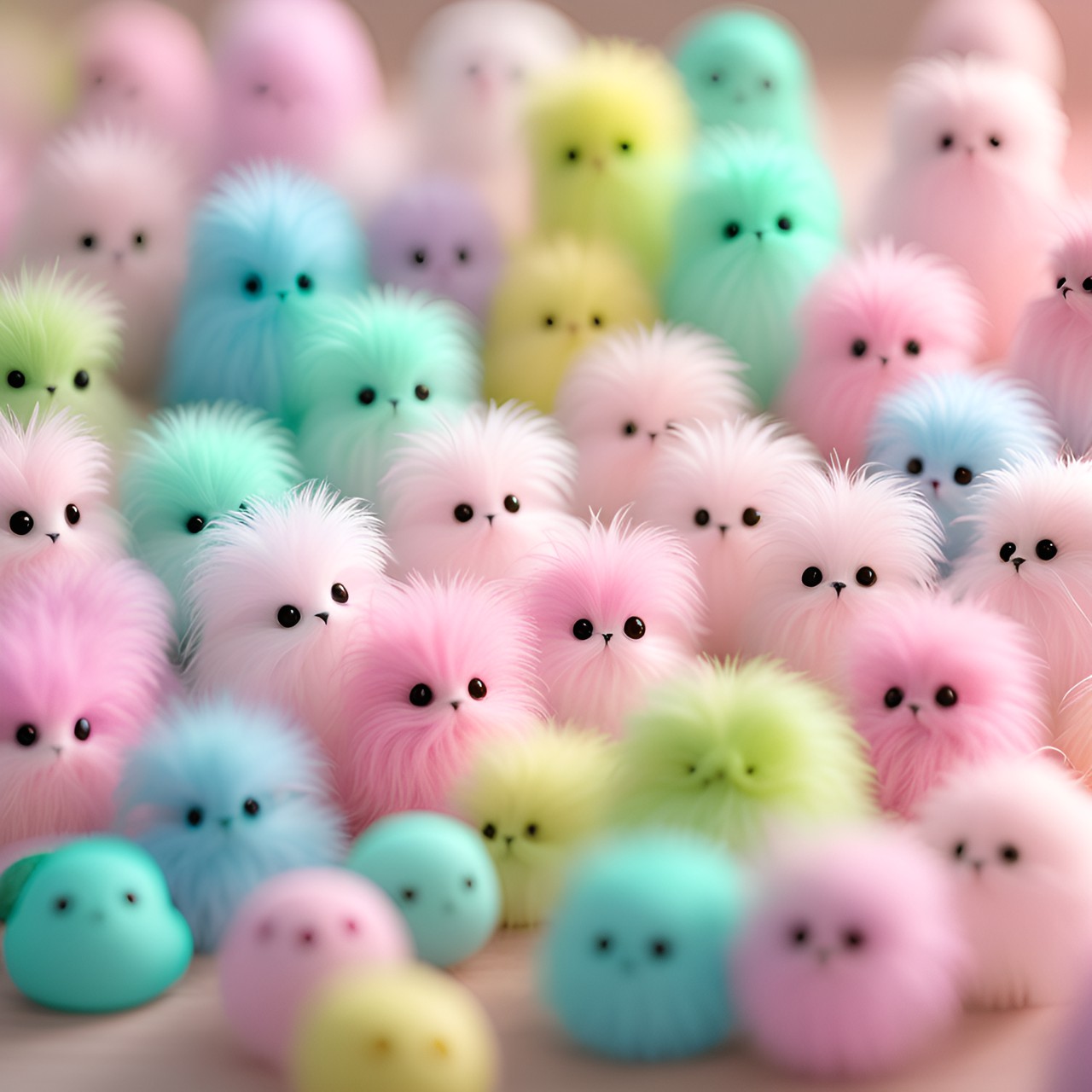 happy little fluff ball creatures, pink, baby blue, pale green, lightest yellow preview