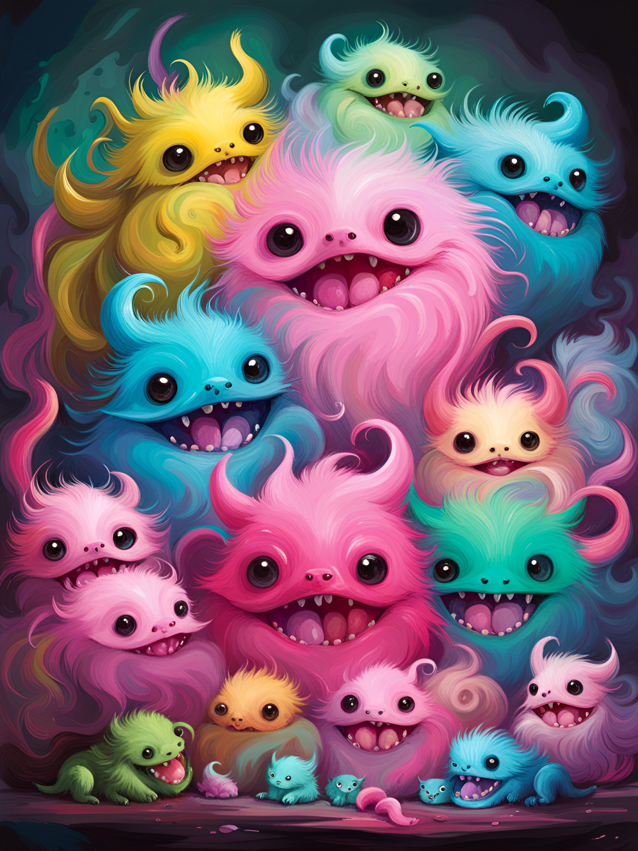 happy little fluff ball creatures, pink, baby blue, pale green, lightest yellow preview