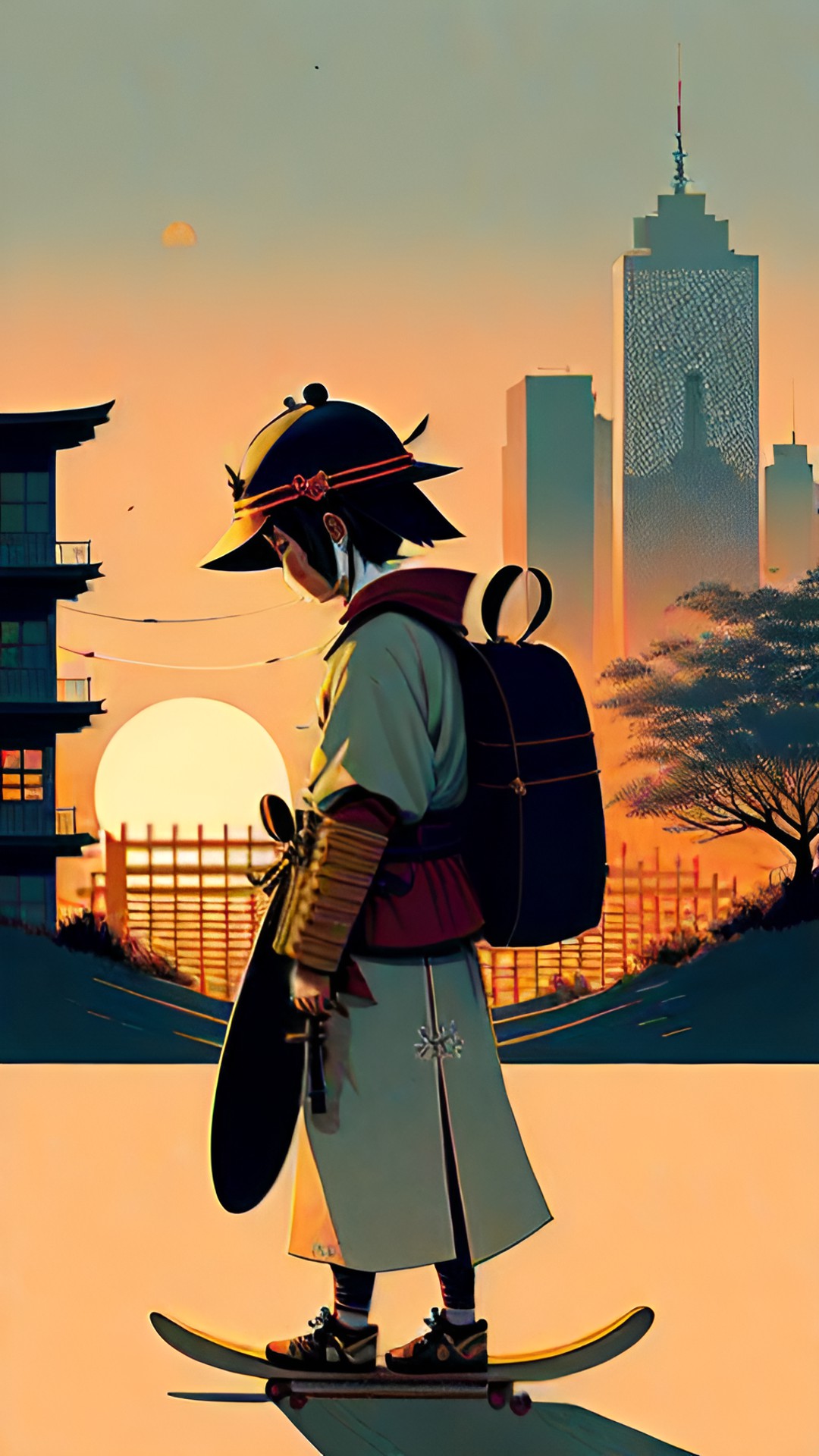 samurai on a skateboard, sunset, city preview