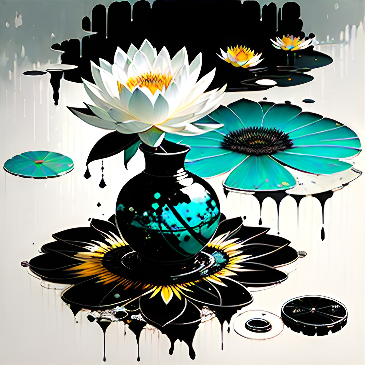 Vase in a Lily - vase on a lotus lily pond turquoise and sunflower drip art splatter preview