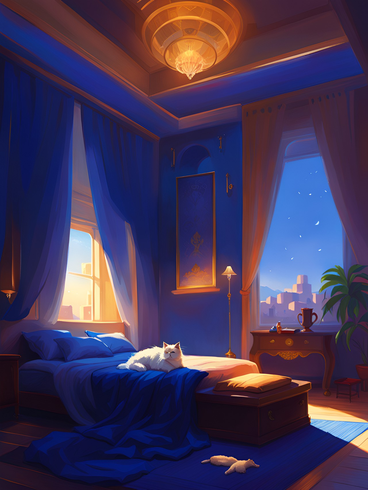 fancy royal blue bedroom with a fluffy cat on the huge bed preview