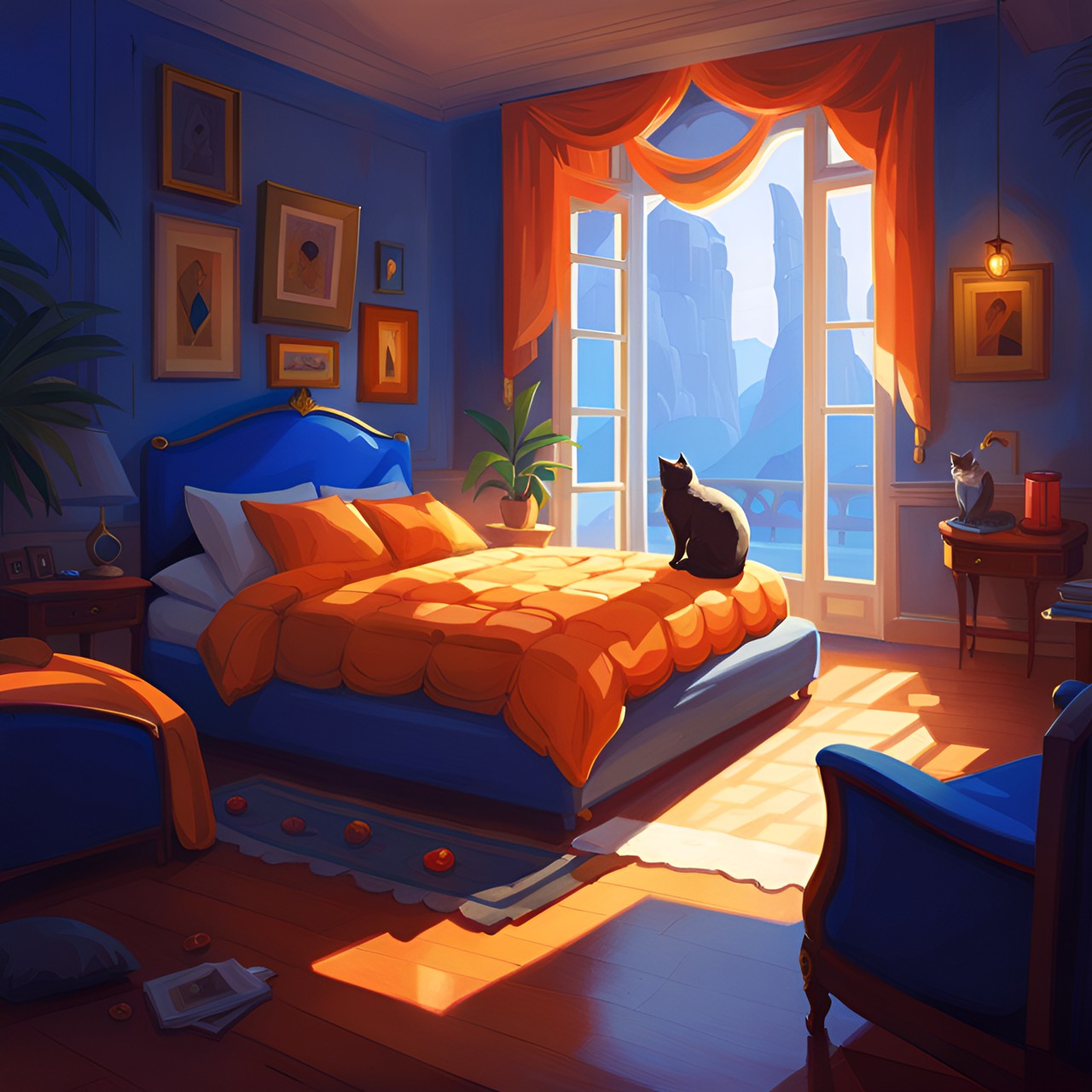 fancy royal blue bedroom with a fluffy cat on the huge bed preview