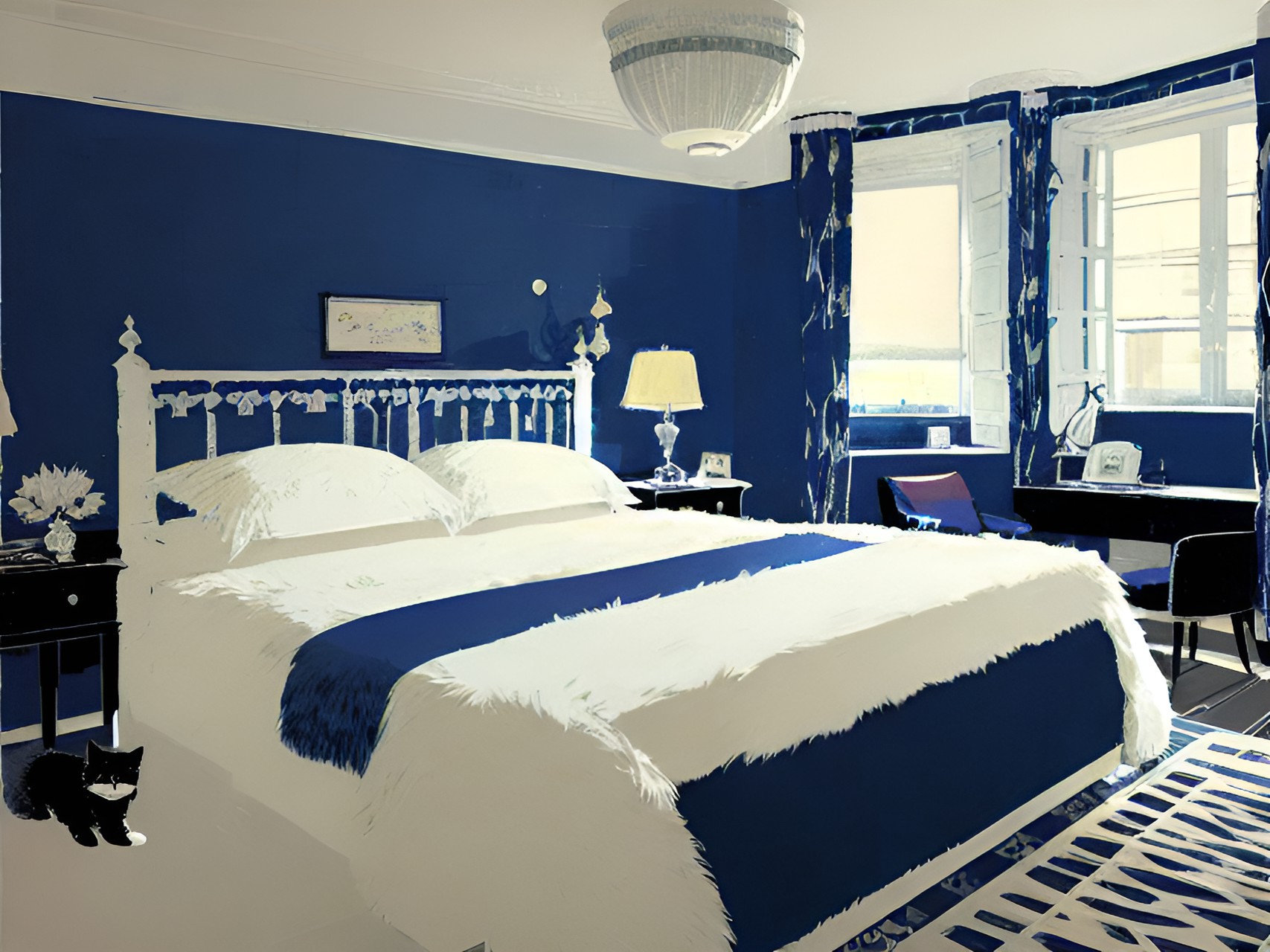 fancy royal blue bedroom with a fluffy cat on the huge bed preview