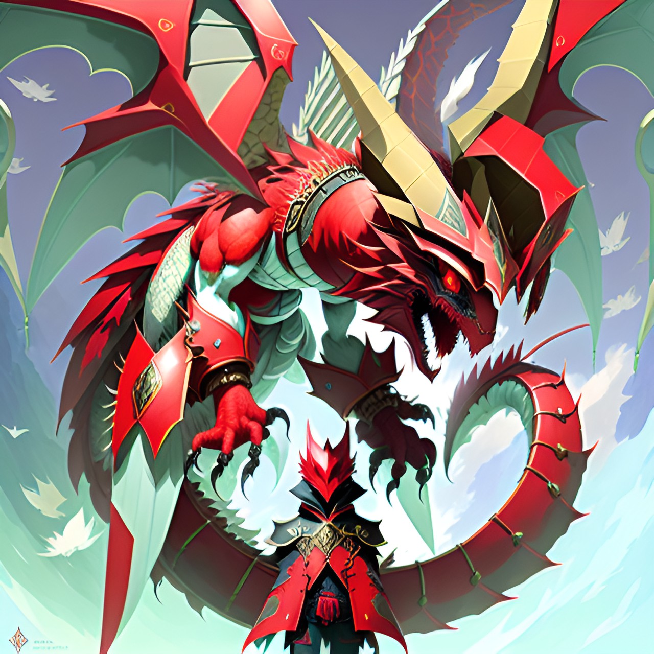 outré-eyes crimson dragon, sleek armored red dragon with large wings, large clawed hands, with a pendulum motif, preview