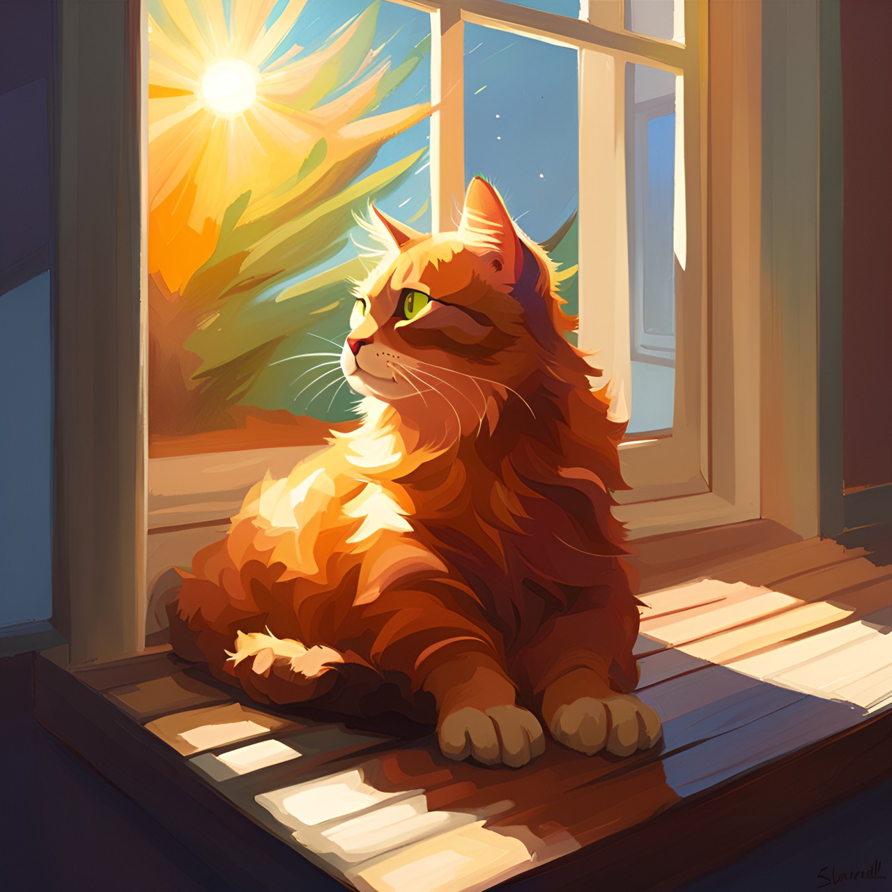 fluffy cat on windowsill with sun on its face preview