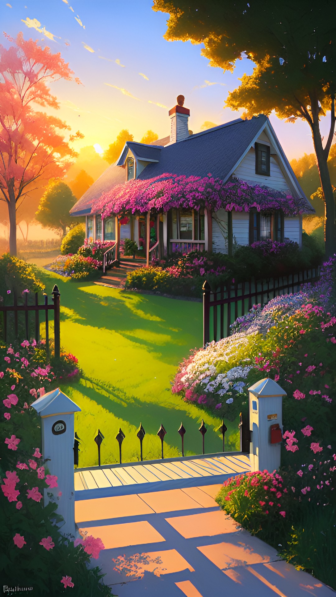 cottage garden, picket fence, mailbox, sunrise preview