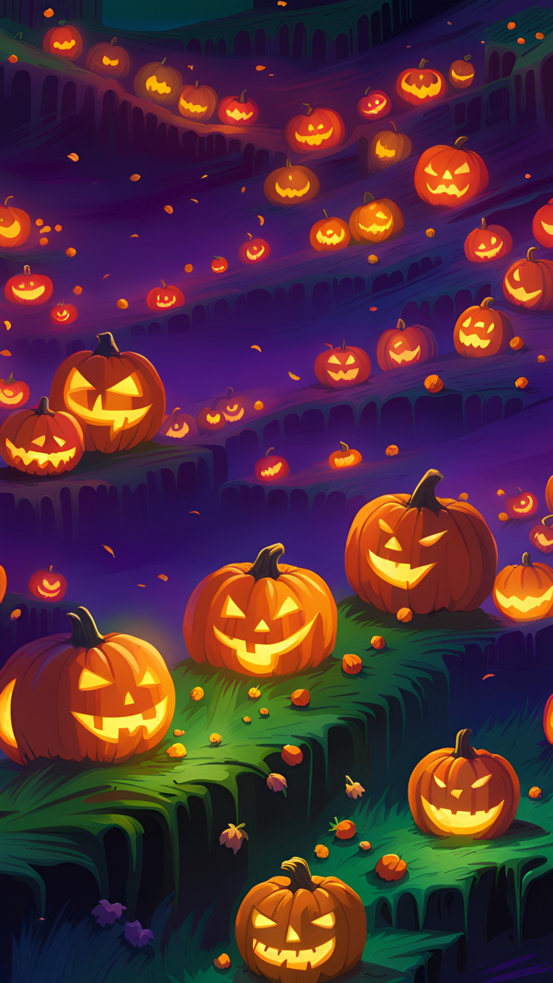 jack-o-lanterns growing out of a scary dark field with purple and green background preview