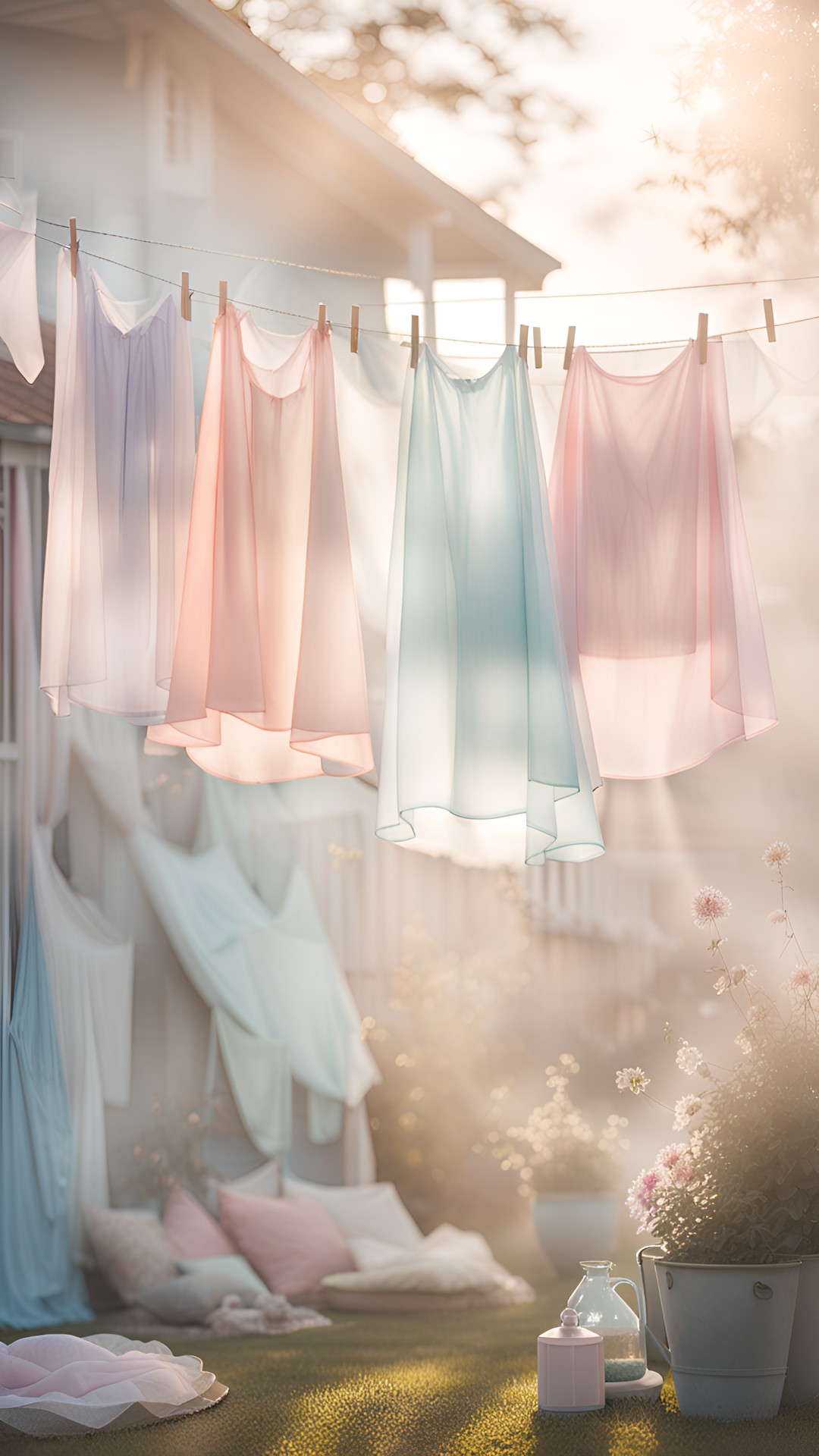 Time to hang washing - ethereal dreamy clothes hanging on an ethereal washing line in a pastel dreamlike backyard preview