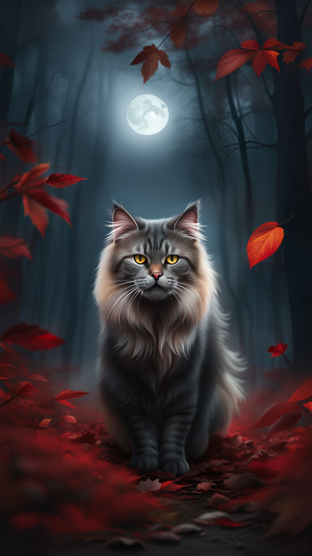 scary bloodthirsty cat in a autumn forest at night, foggy, mist, moon light preview