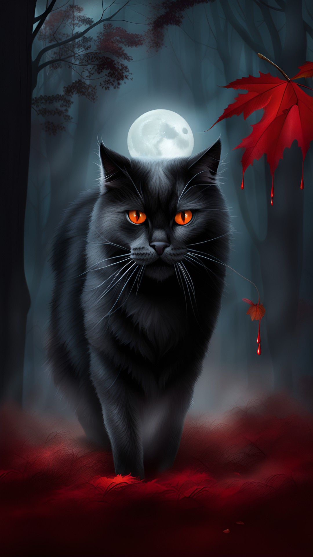 scary bloodthirsty cat in a autumn forest at night, blood dripping from mouth, foggy, mist, moon light preview