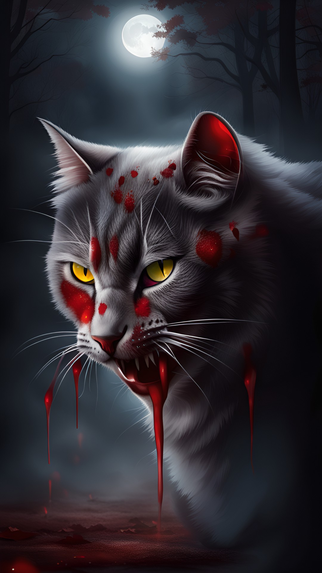 scary bloodthirsty cat in a autumn forest at night, blood dripping from mouth, foggy, mist, moon light preview