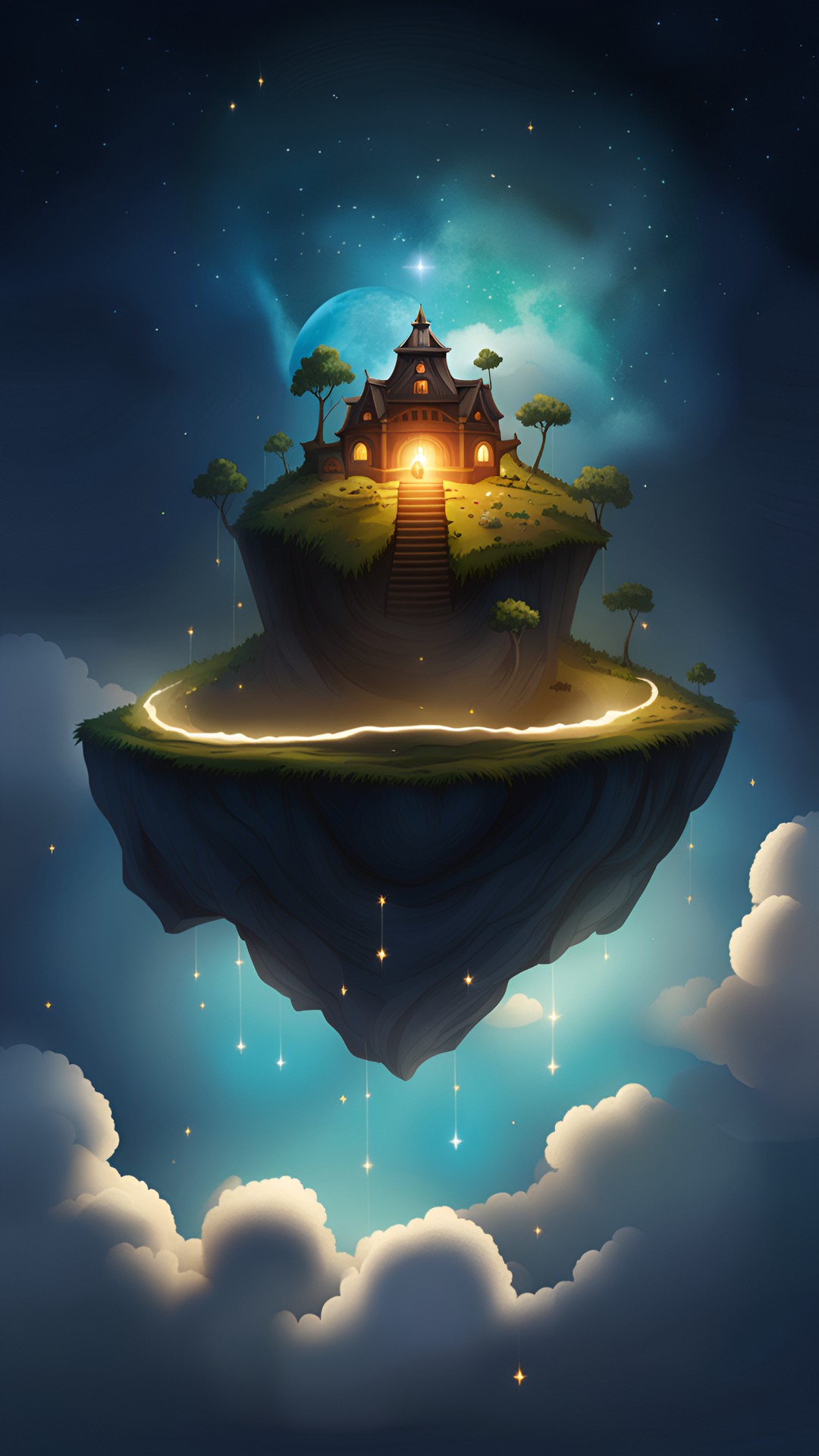 A Sky Island - a floating island in a cloud, dark sky, lots of stars, sun shining preview