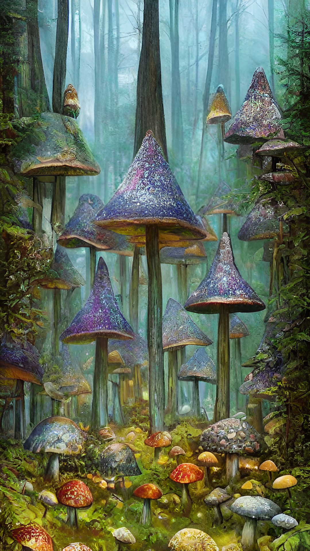 magical mushroom huts in a forest, small colored sparks preview