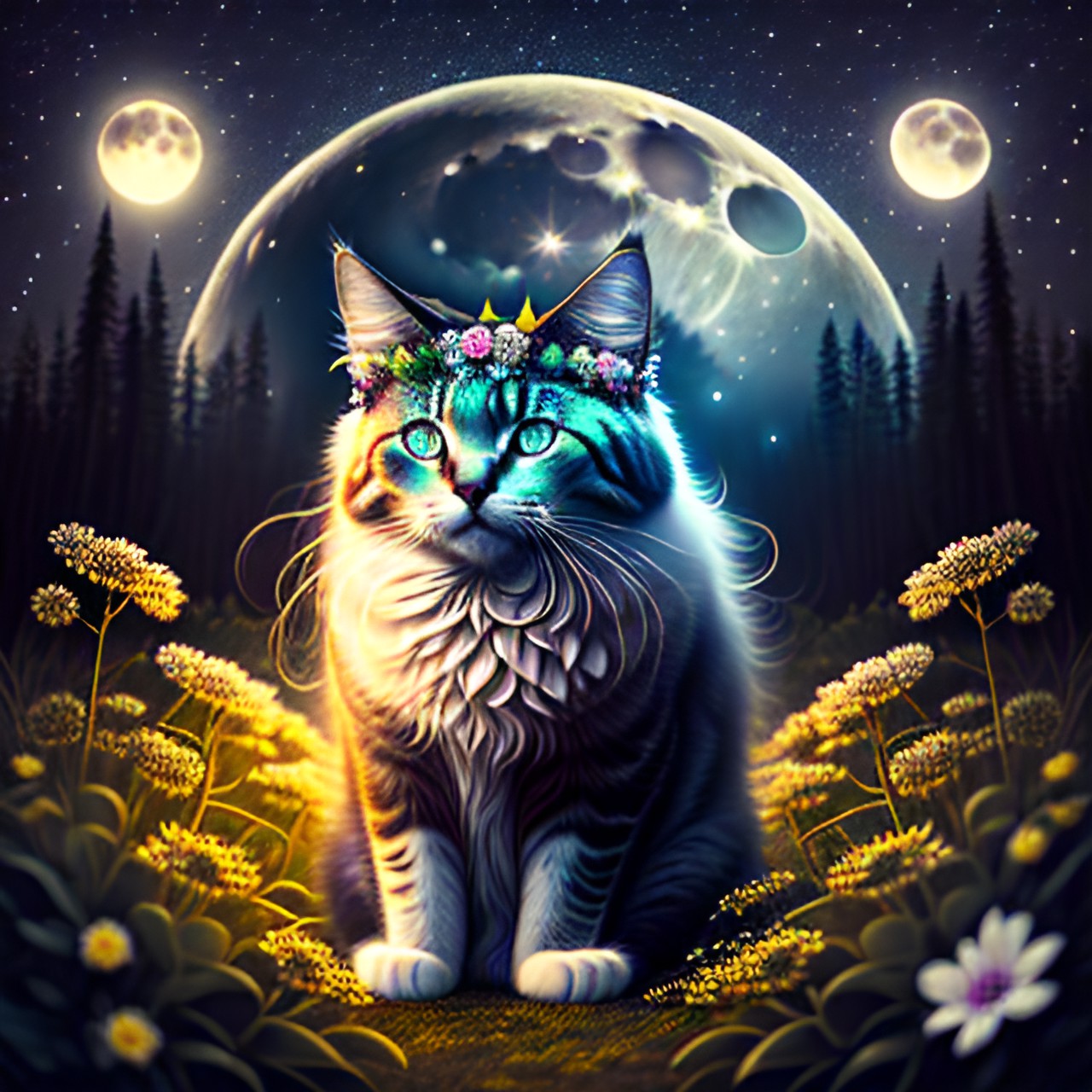 full moon forest cat with flower crown preview