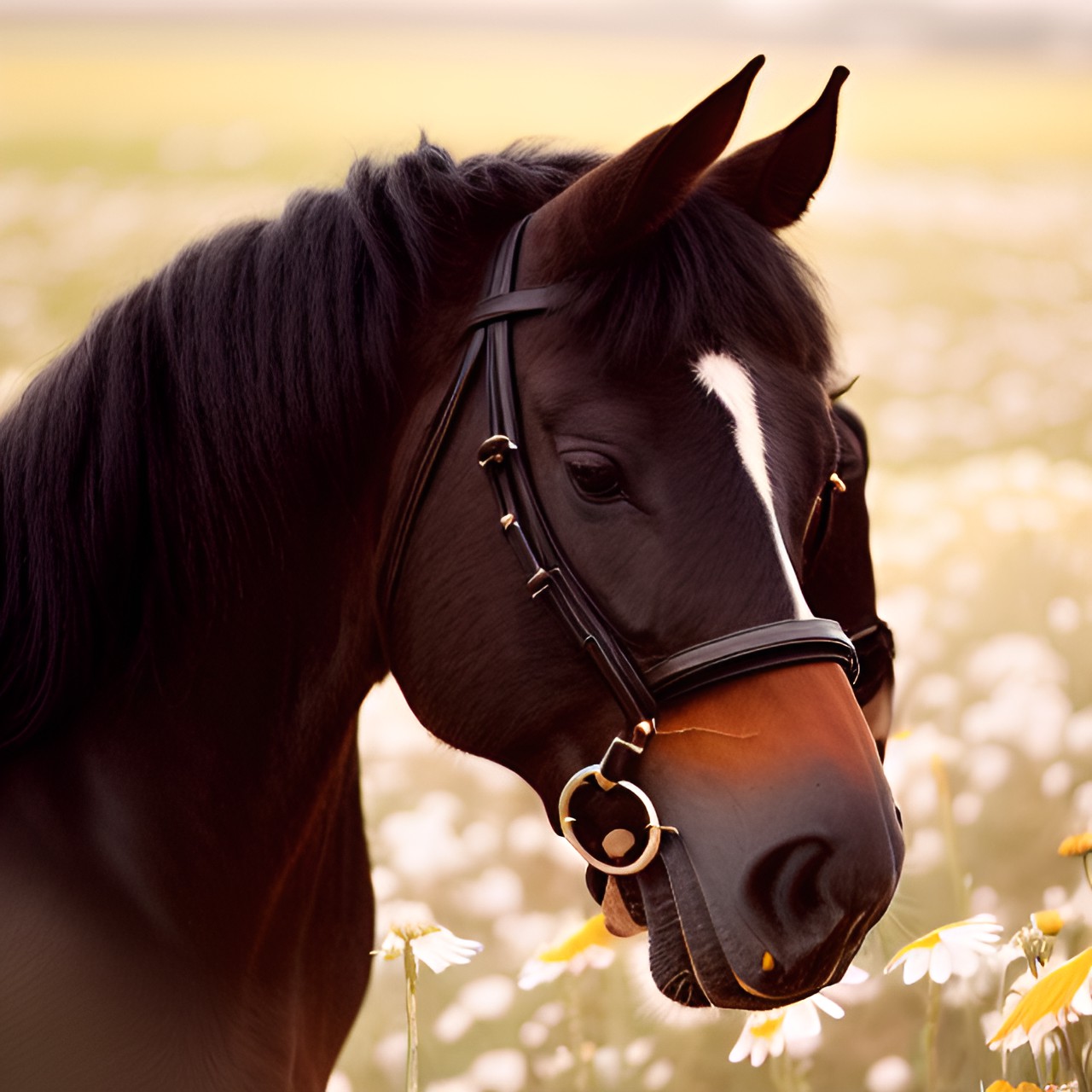 make this horse standing in the field of flowers preview