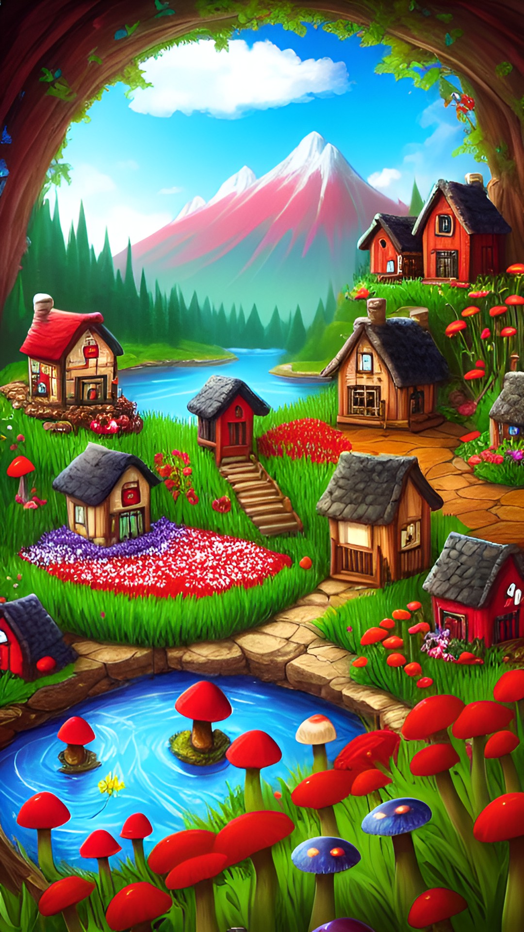 red wildflowers waterfall lake mushroom houses fairies toad tiny village preview