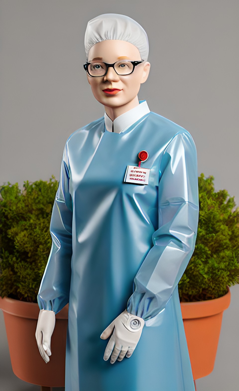 Doctor Tracy - albino doctor woman in transparent pvc uniform with surgical gloves preview